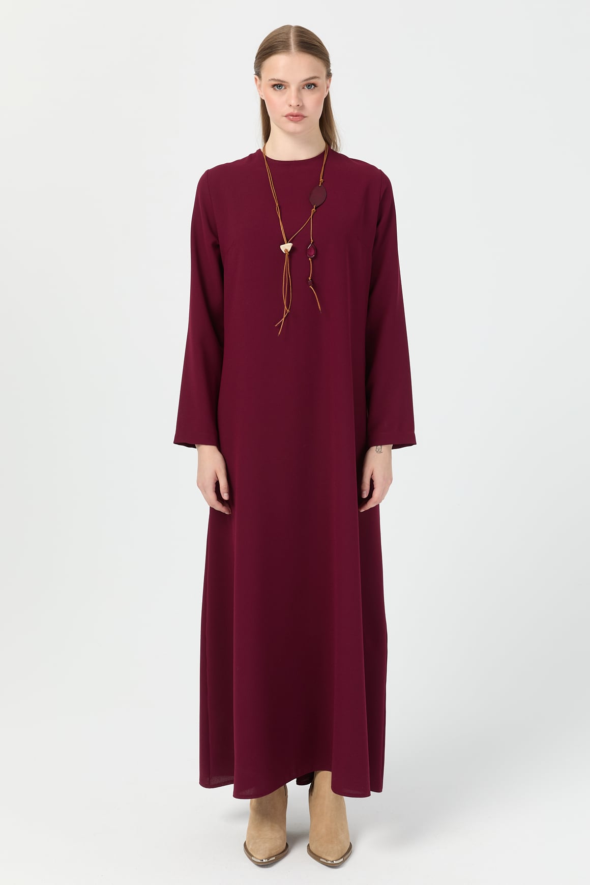 Relaxed Cut Necklace Dress - claret red