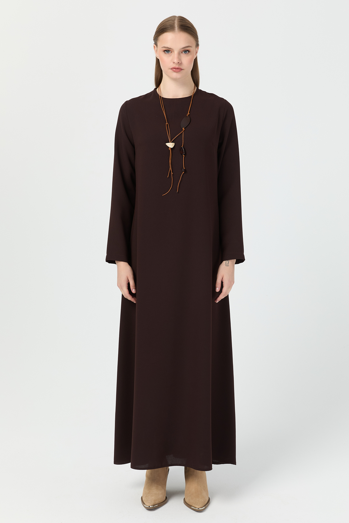 Relaxed Cut Necklace Dress - Coffee