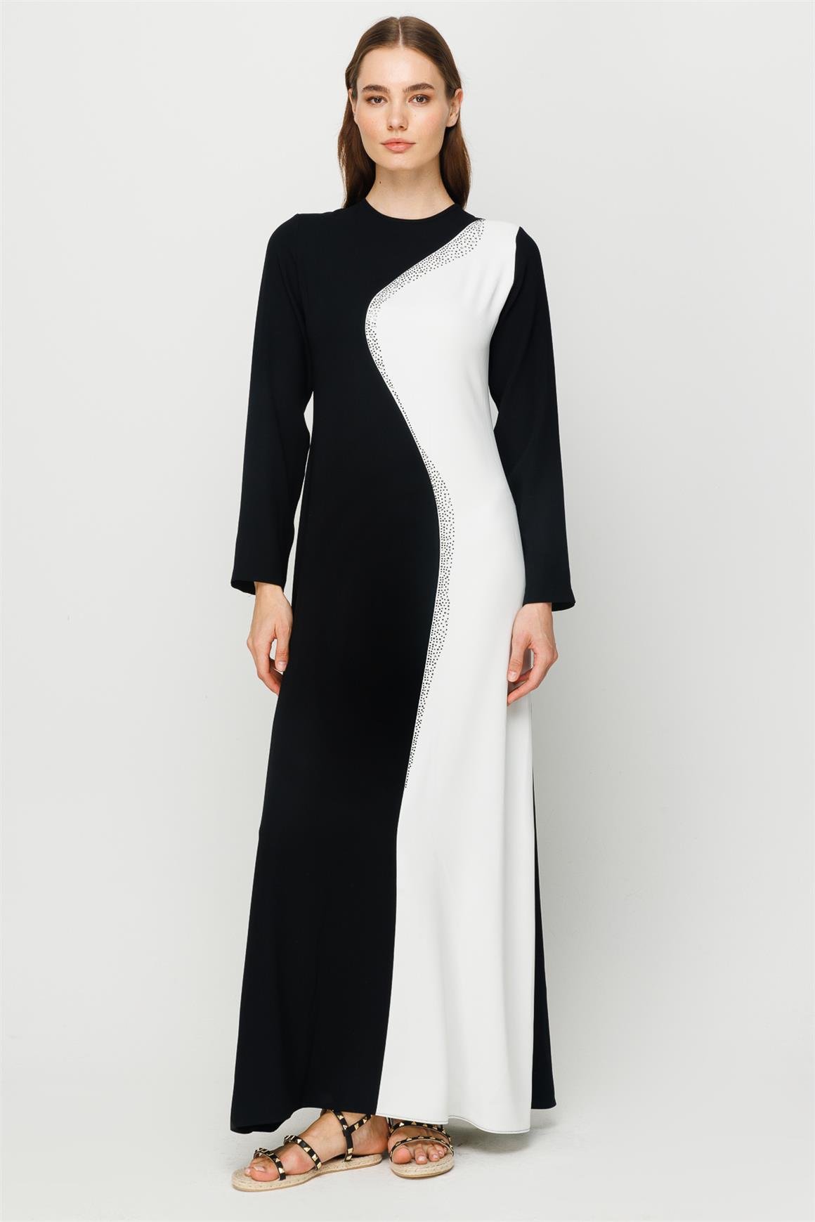 Taş İşi Detaylı Renk Geçişli Şık Narin Elbise  Ekru