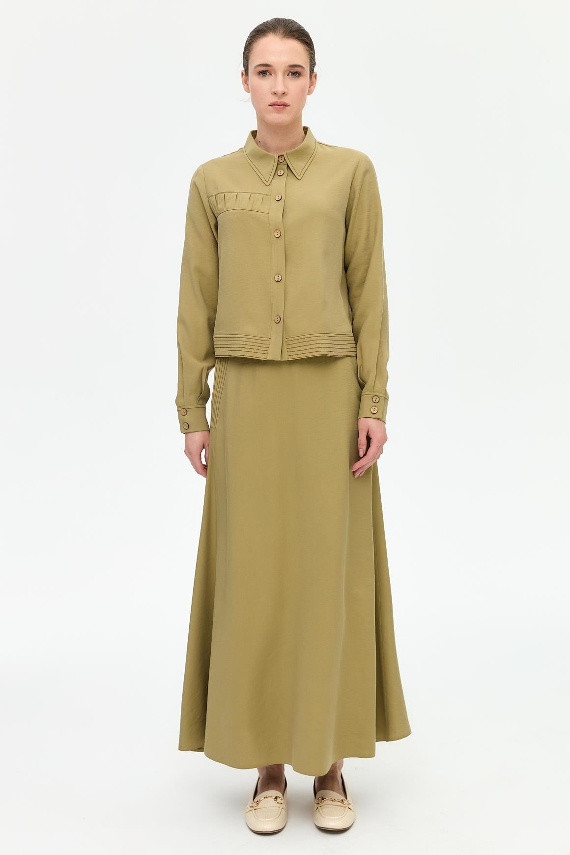 Linen Tencel Gathered Detail Skirt Suit - Khaki