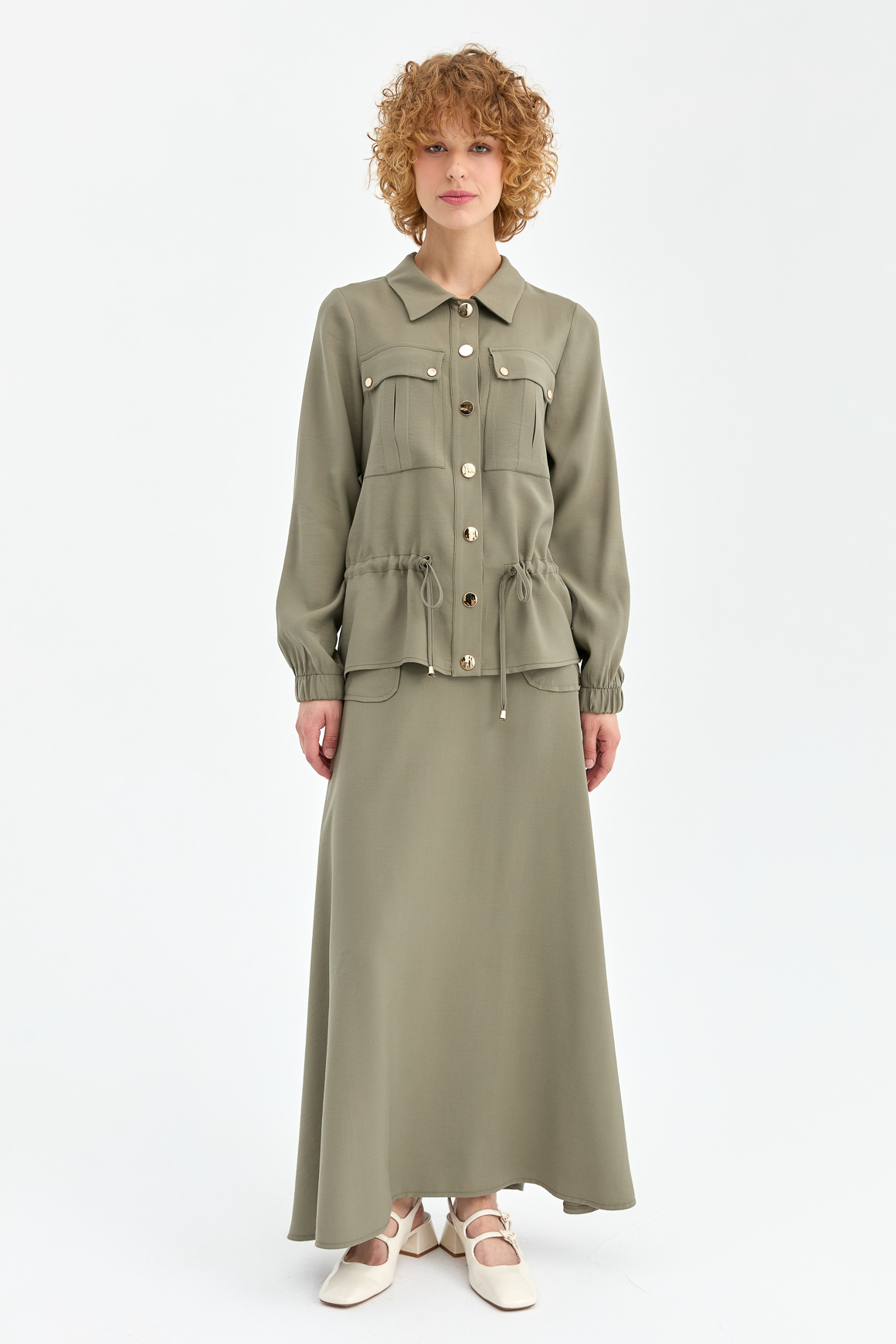Tencel Kumaş Modern Cepli Etekli Takım  Haki