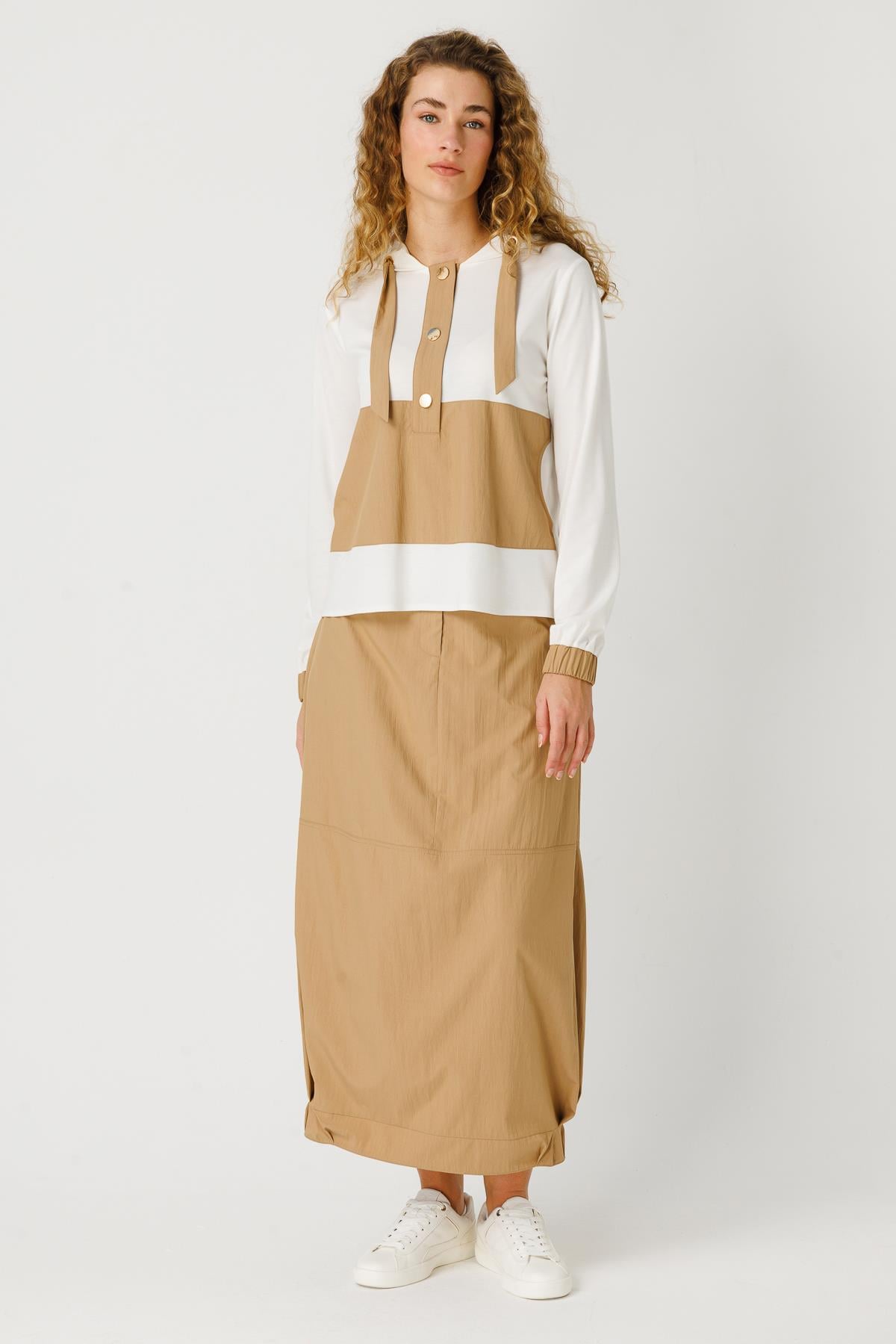 Parachute Fabric Skirt and Sweatshirt Set - Camel