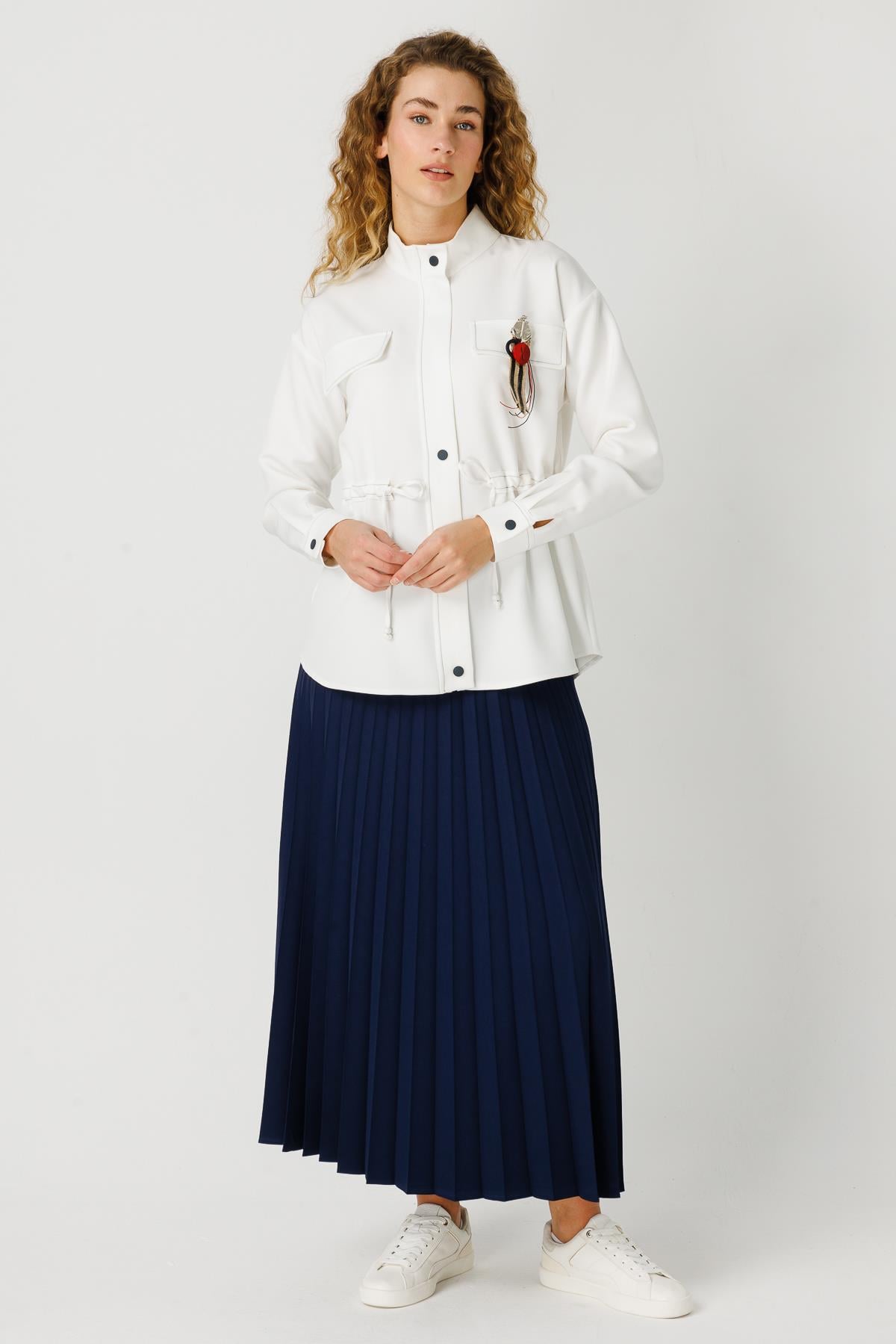 Pleated Skirt Suit with Pocket Detail Jacket - Navy blue