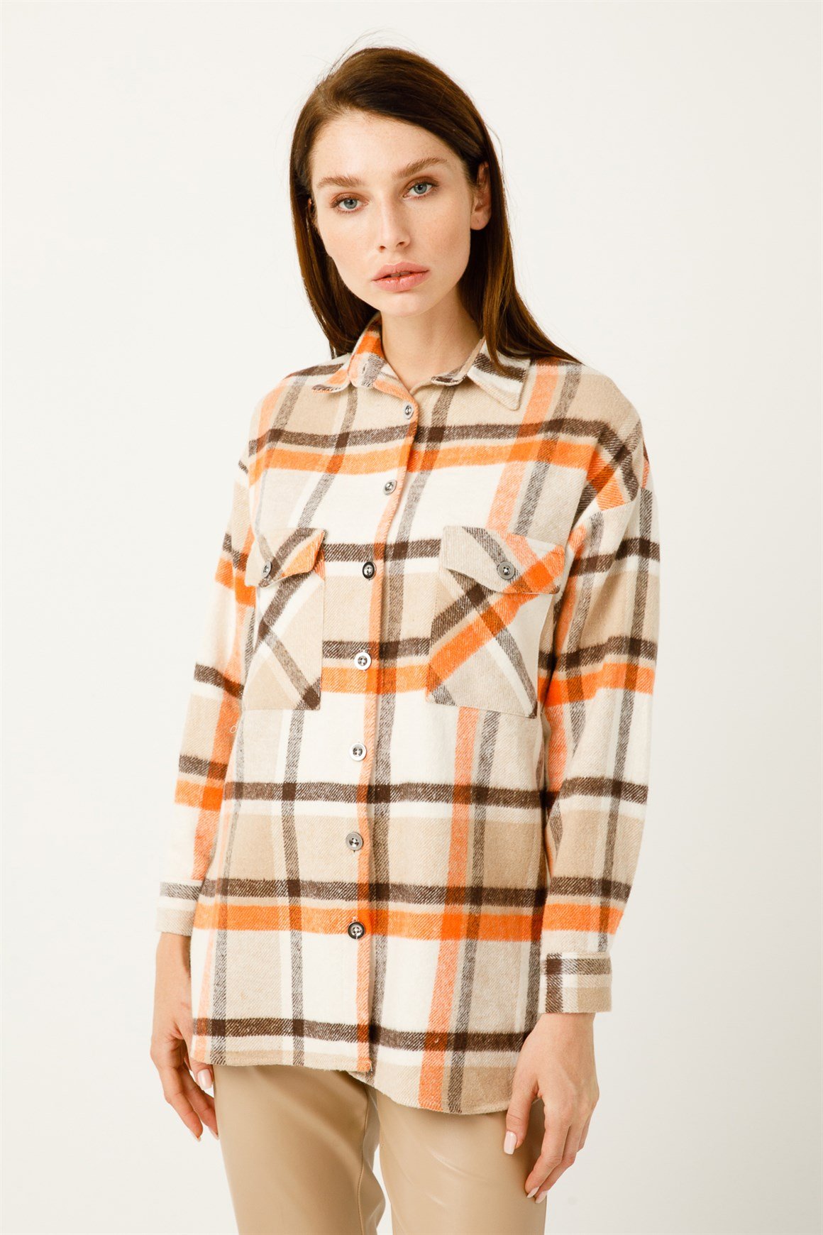 Çift Cep Ekose Gömlek  Oranj