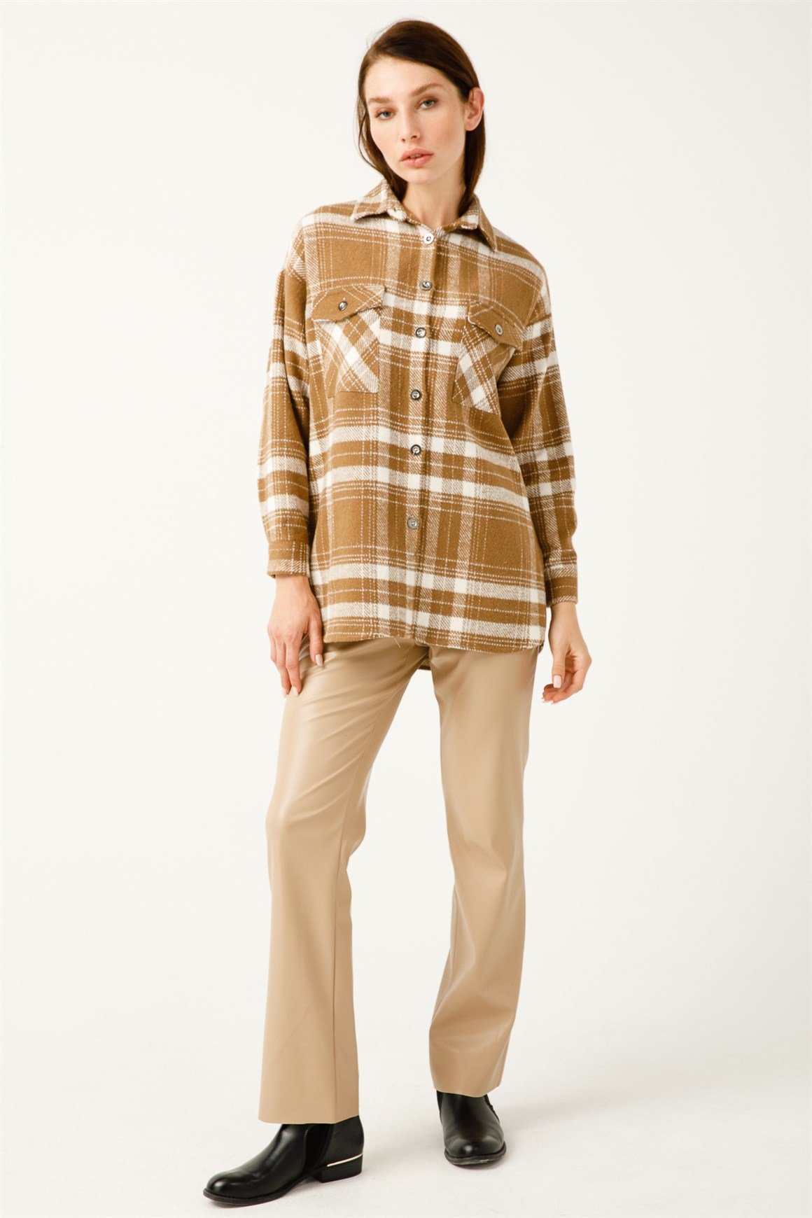 Çift Cep Ekose Gömlek  Taba