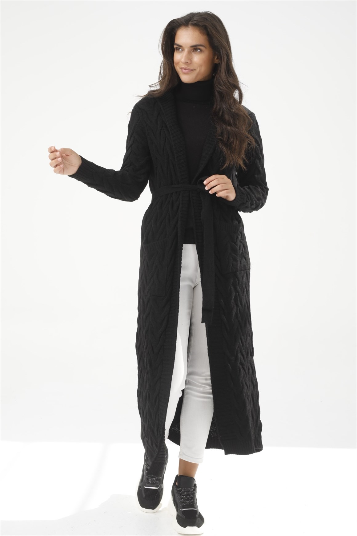 Balıksırtı Örgülü Cepli Bağlamalı Uzun Hırka  Siyah