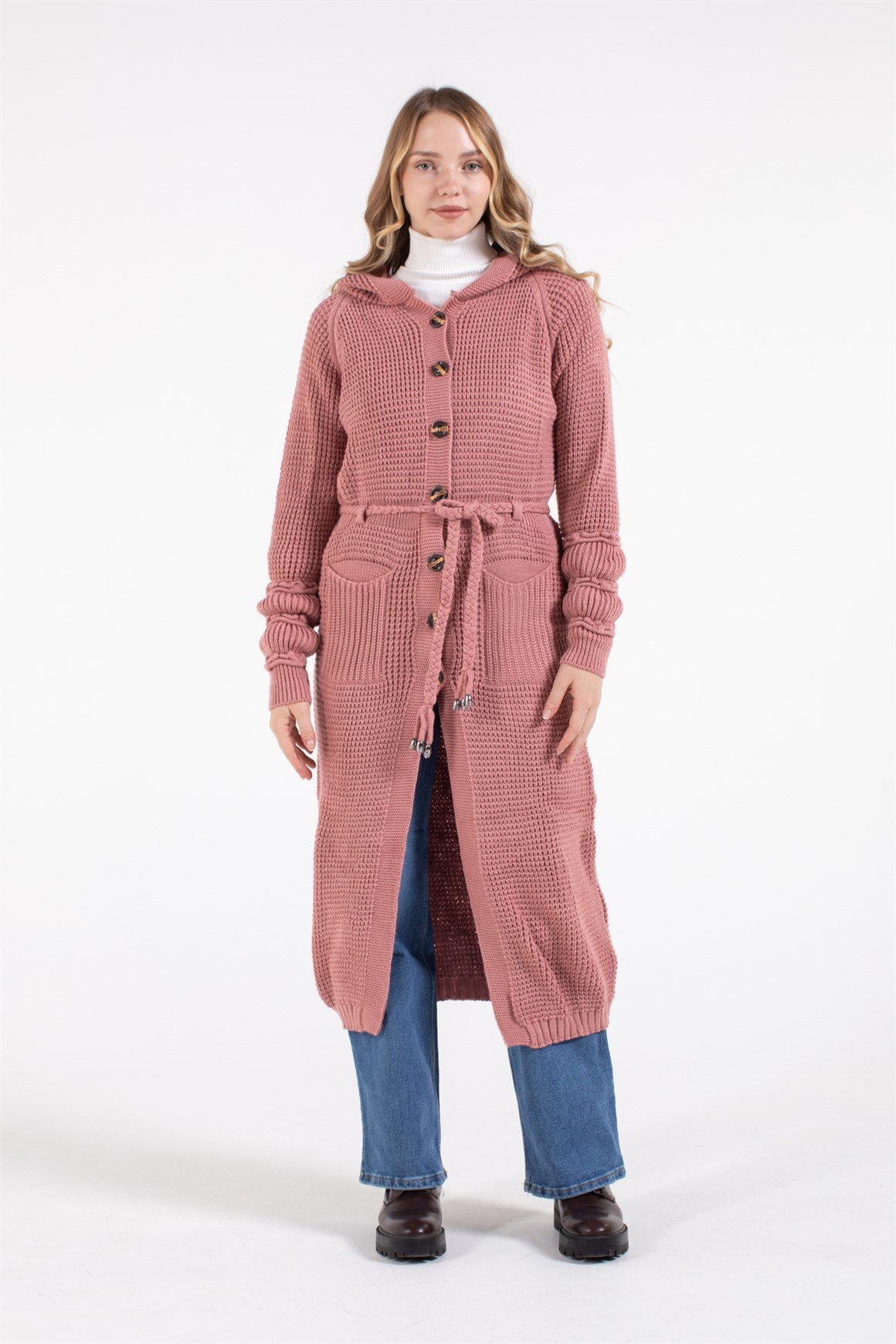 Belden Bağlamalı Çift Cepli Kapişonlu Uzun Hırka  Gül Kurusu