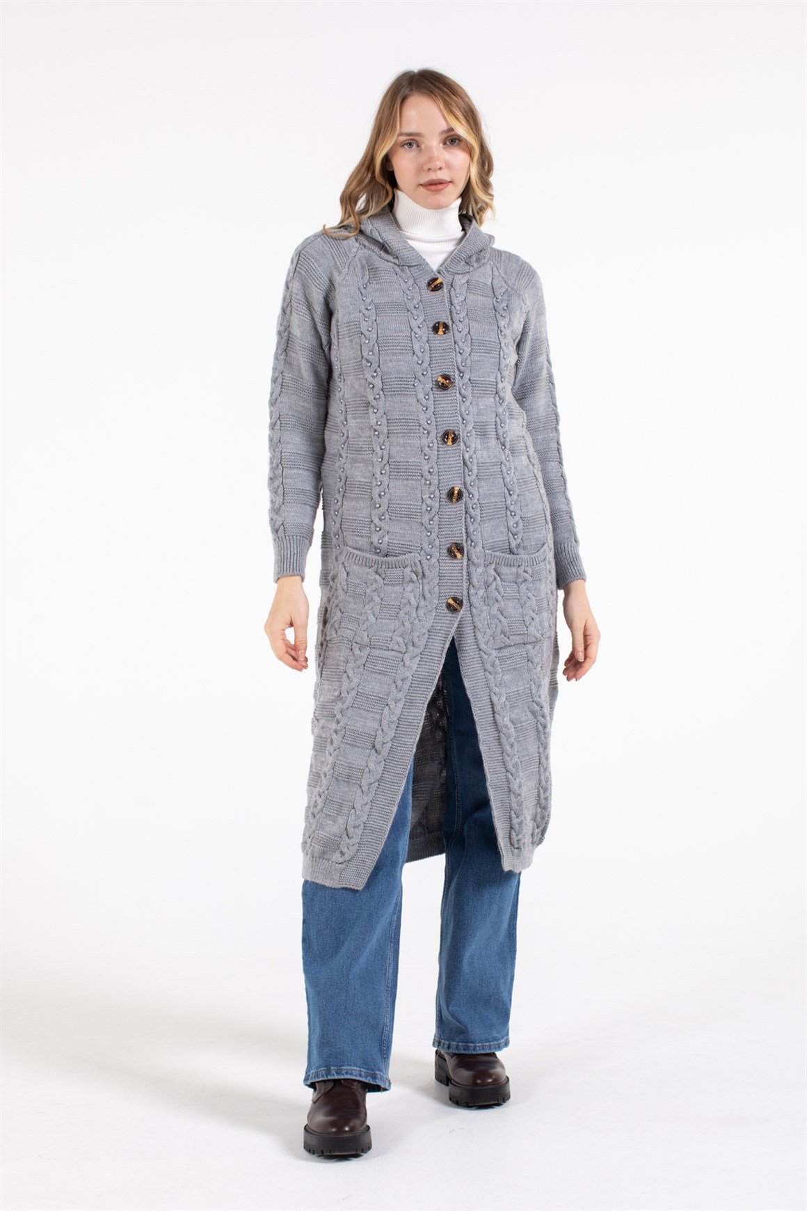 İnci Çakma Detaylı Önden Çift Cepli Uzun Hırka  Gri