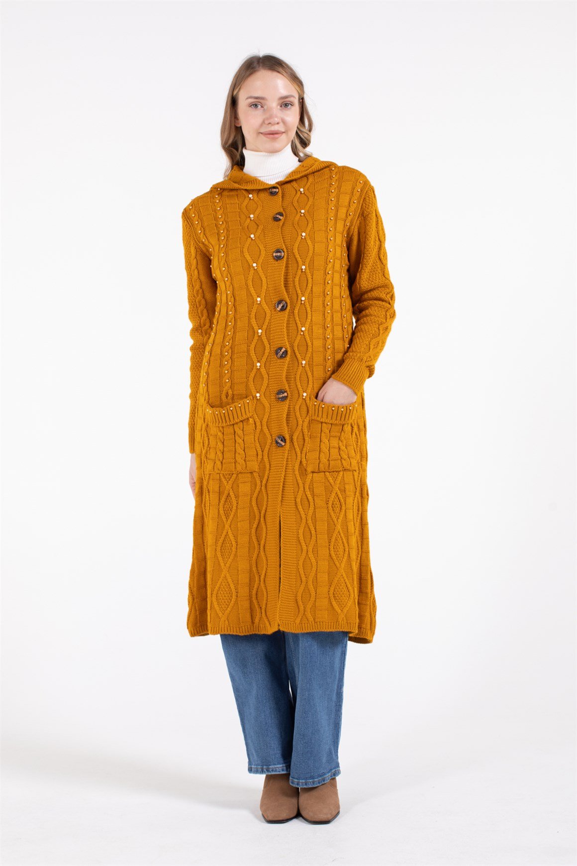 Önden Cepli Kapişonlu Hırka  Hardal