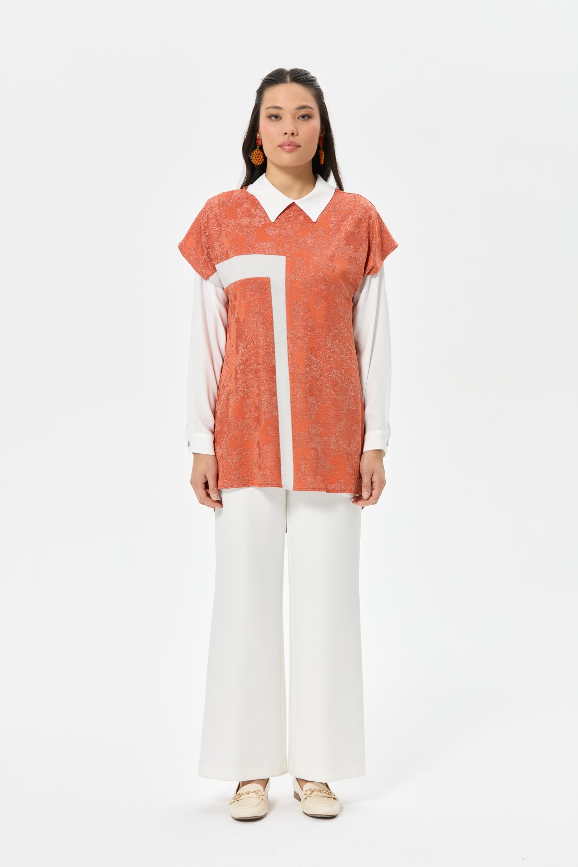 Blok Detaylı Süeterli İç Dış Takım  Oranj