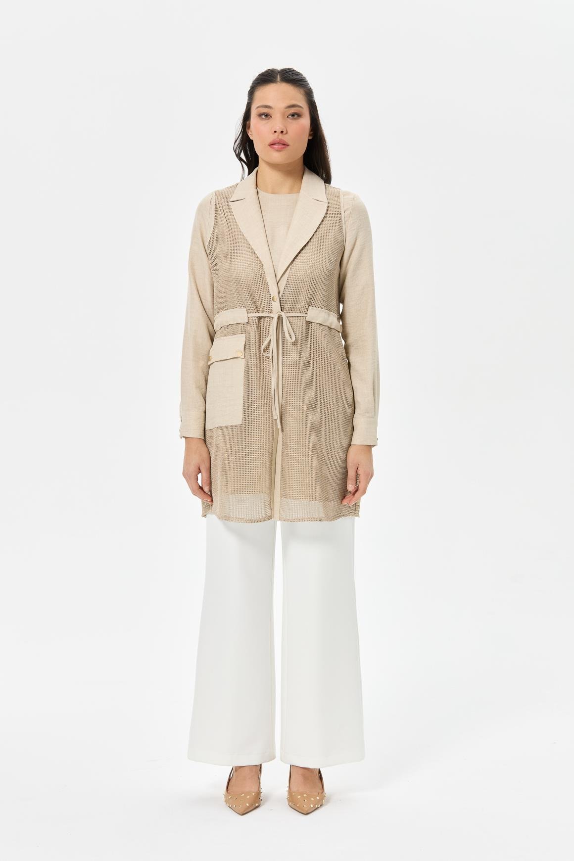 File Yelekli İç Dış Takım  Bej