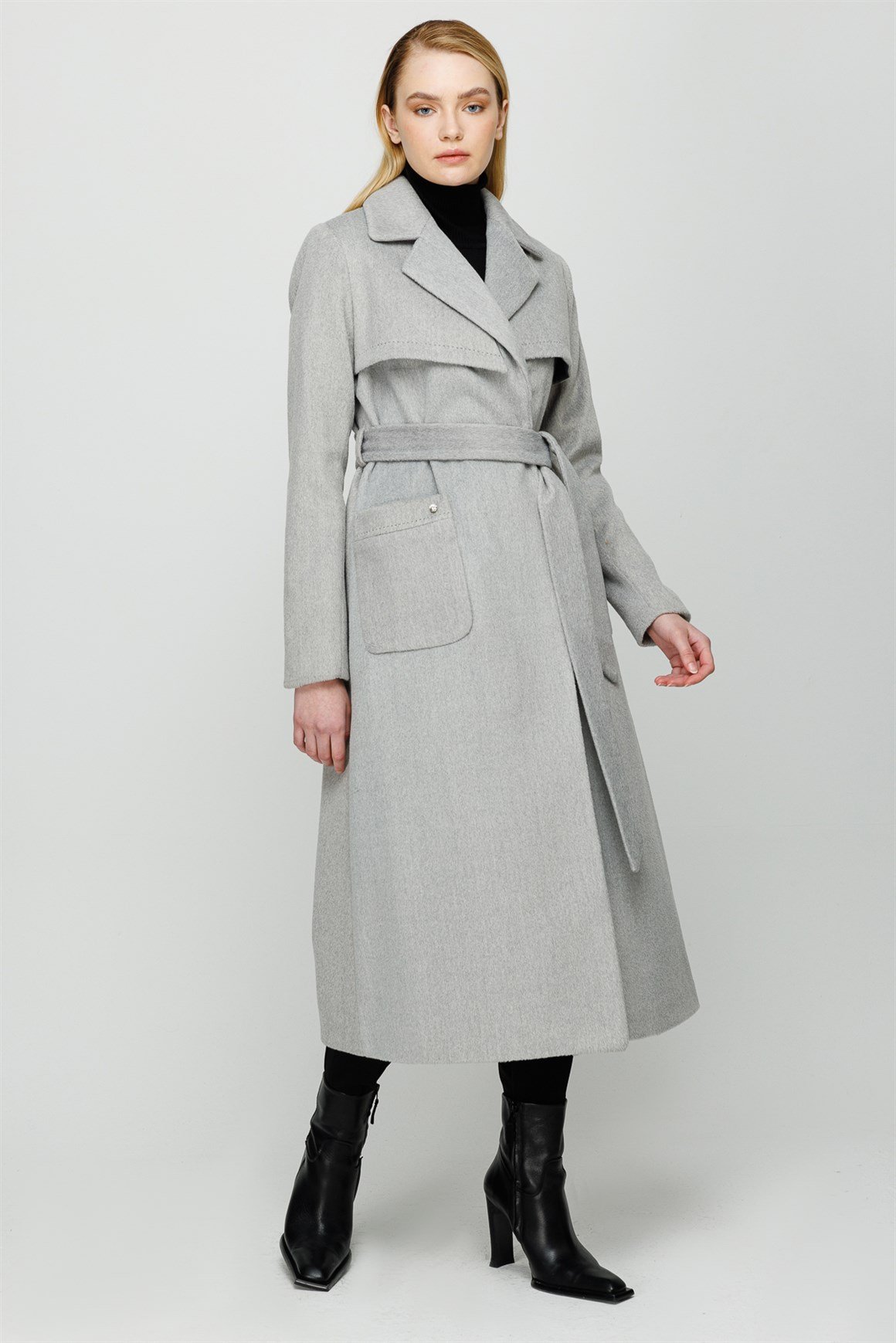 Aller Detaylı Torba Cepli Ara Boy Manto  Gri