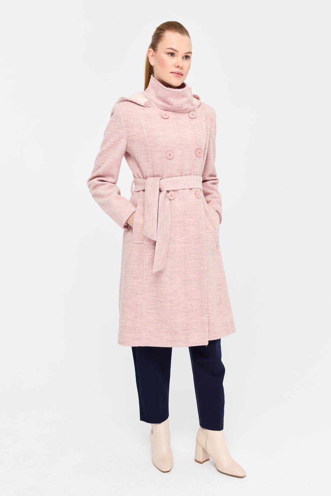 Balıksırtı Dokulu Yün Kaban  Pudra