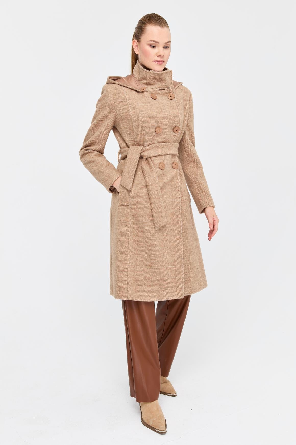 Balıksırtı Dokulu Yün Kaban  Camel