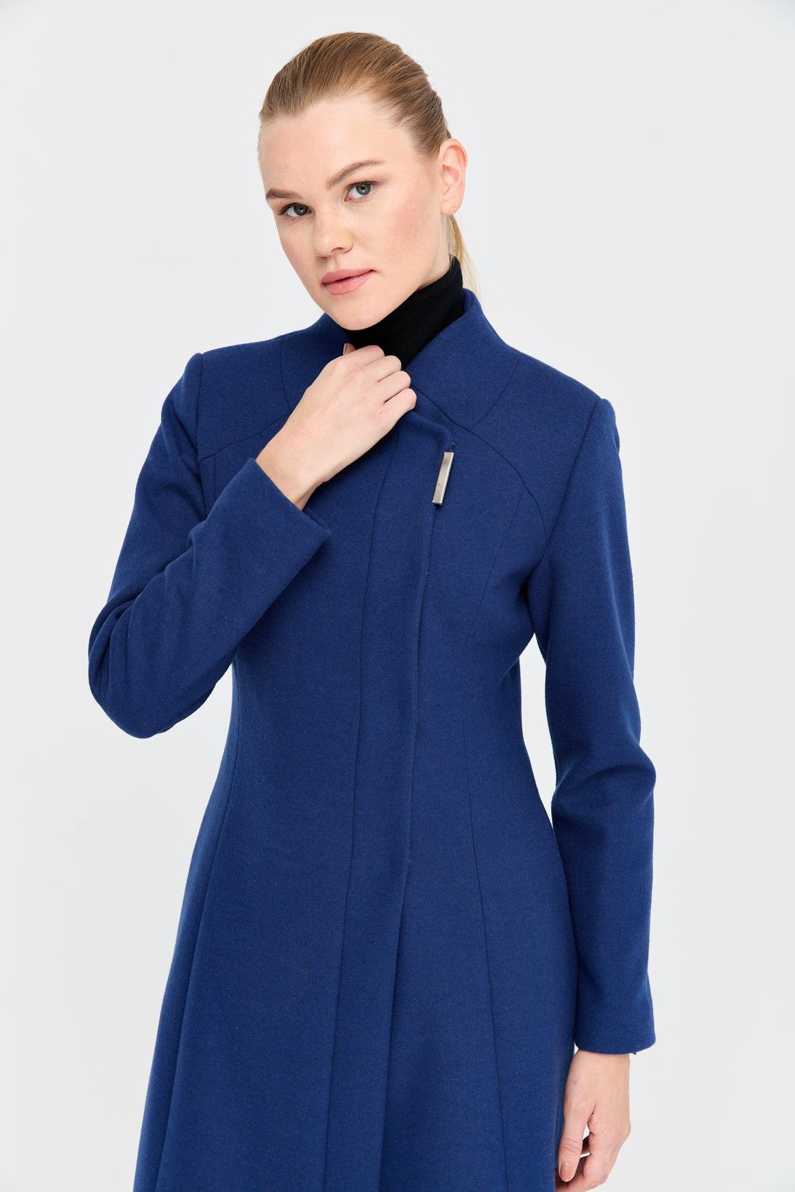 Çıt Çıt Düğmeli Yakasız Kaban  İndigo