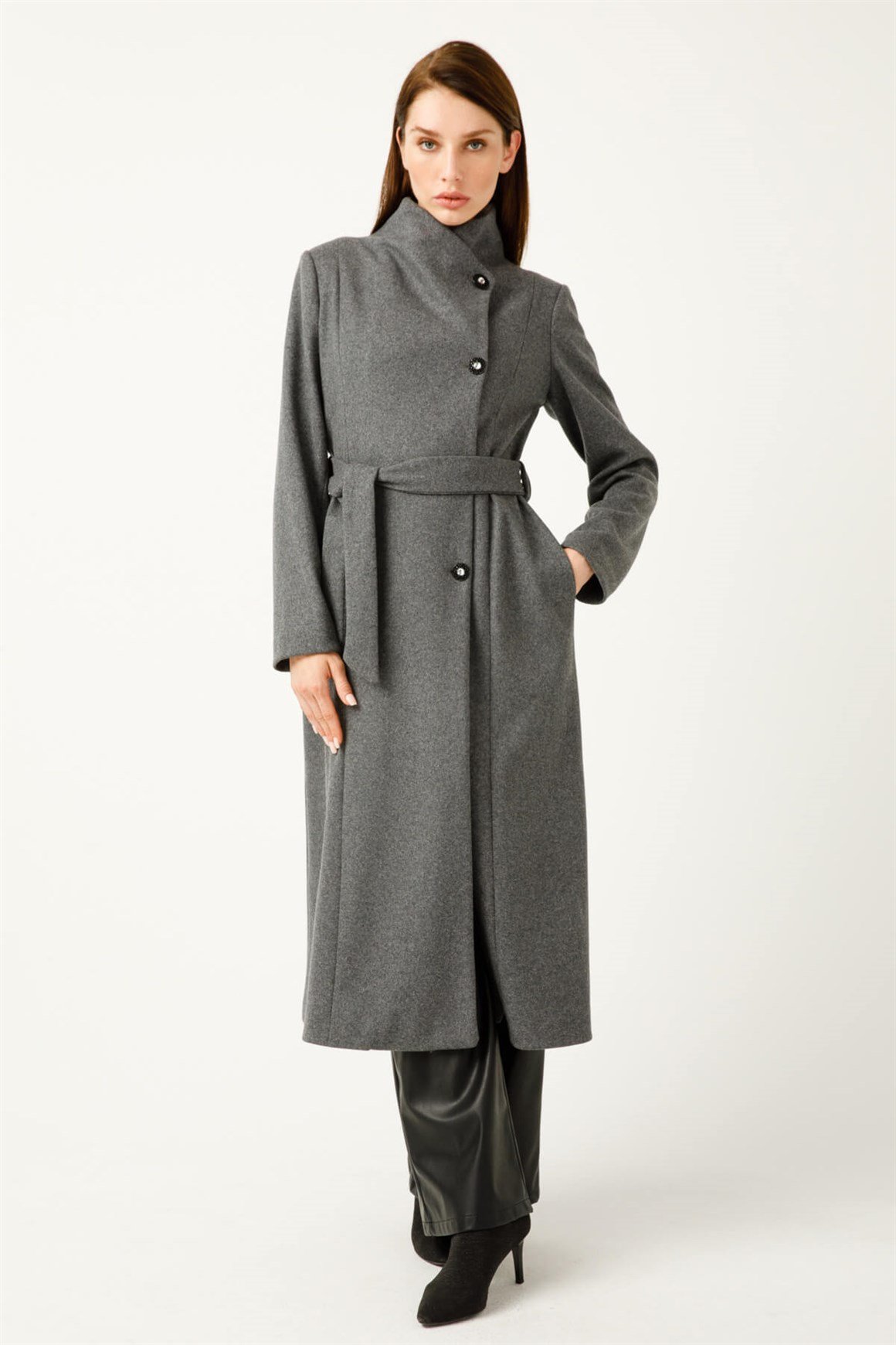 Degaje Yaka Verev Kapamalı Kaban  Antrasit