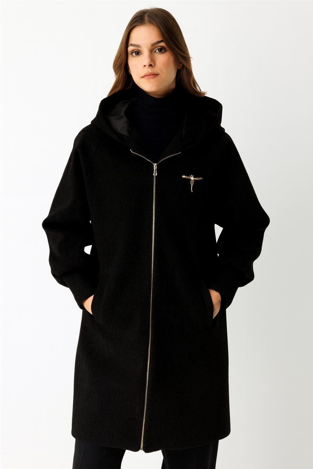 Zippered Hooded Coat - Black