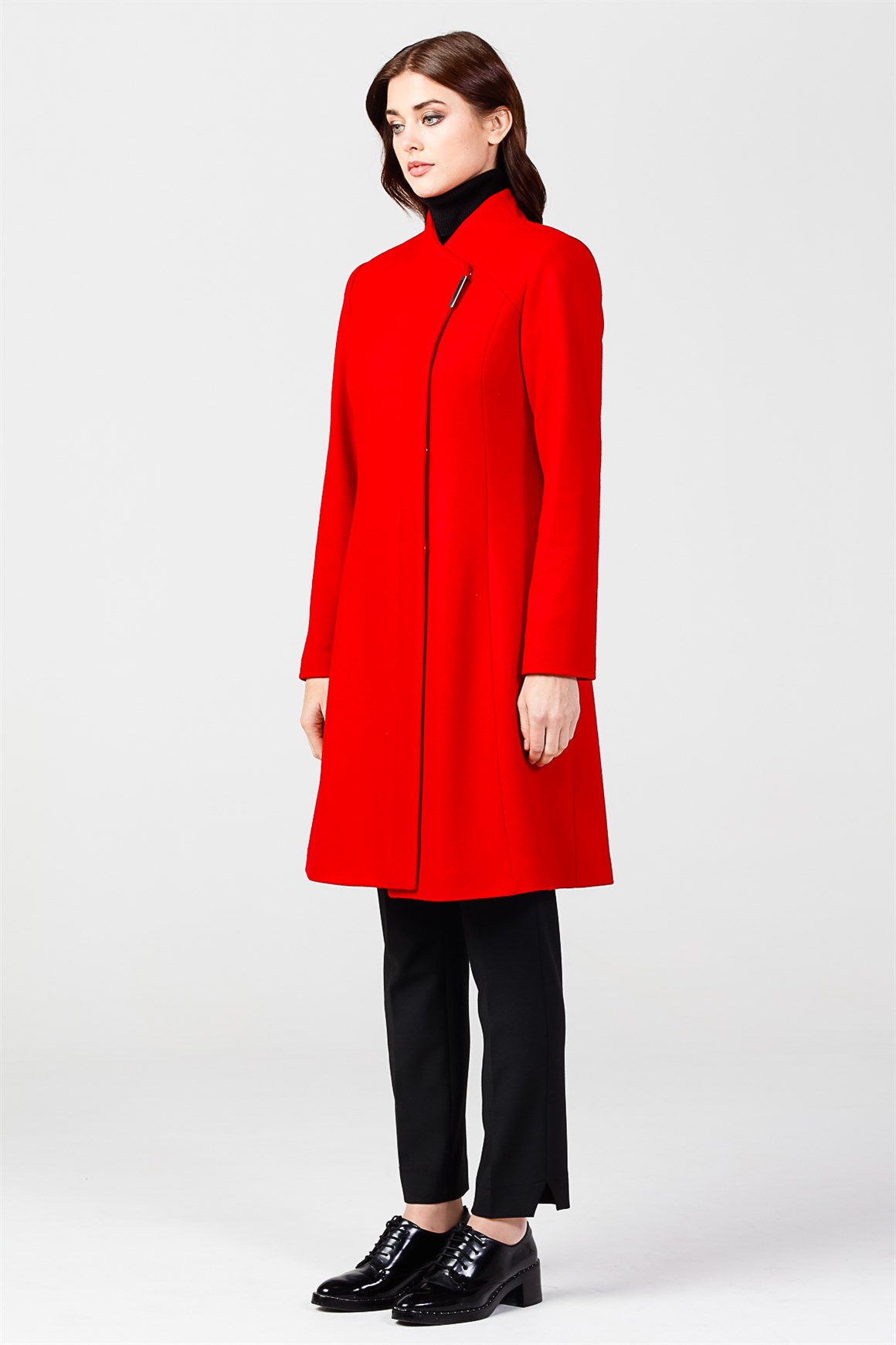 Kırmızı - Çıt Çıt Düğmeli Yakasız Kaban