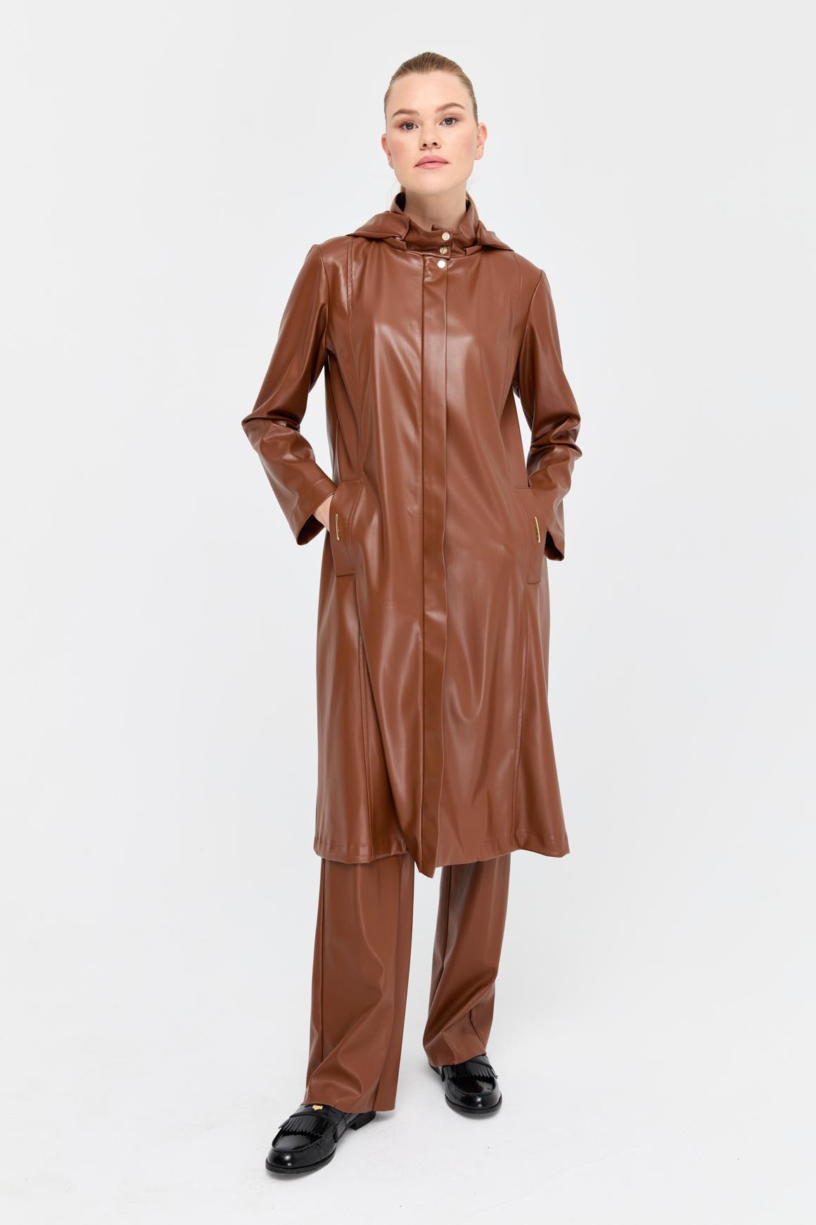 Suede Lined Leather Cap with Hood Detail and Zipper Closure - Taba