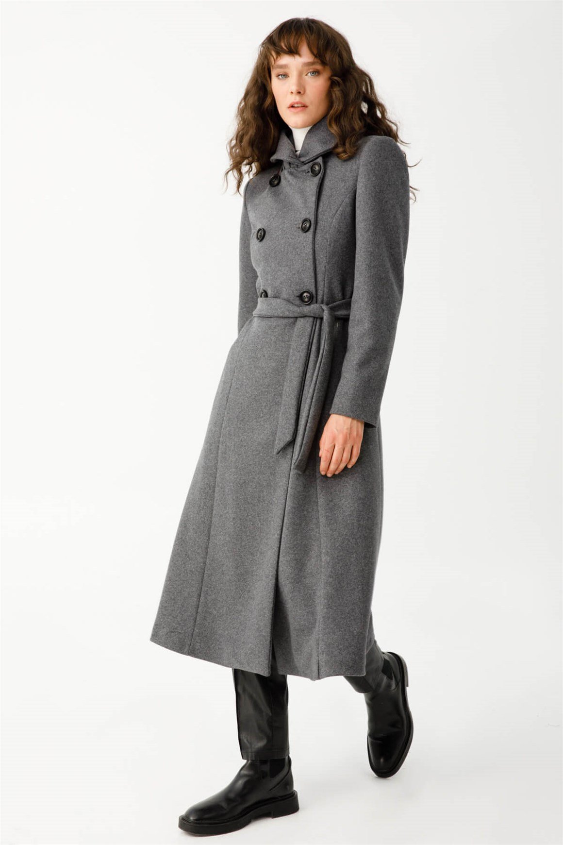 Boğum Yakalı Kruvaze Manto  Antrasit