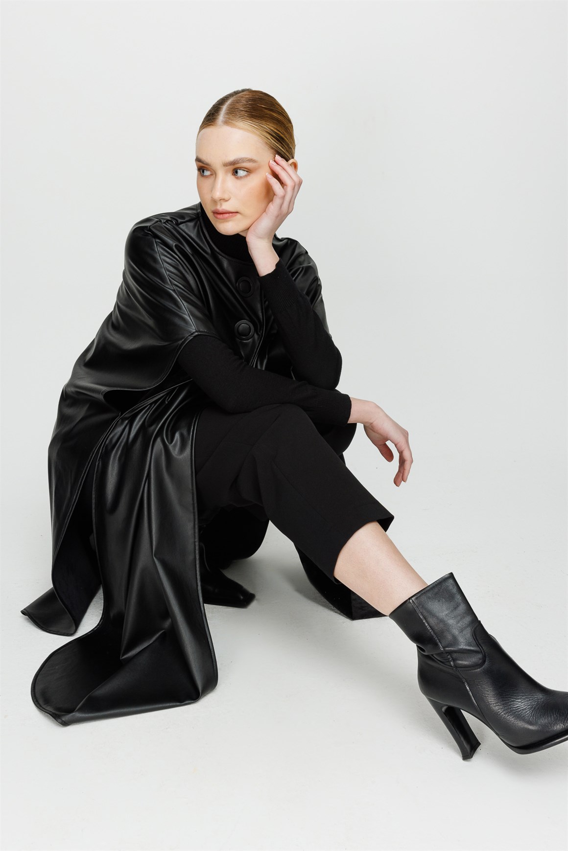 Snap Front Nubuck Leather Poncho - Black
