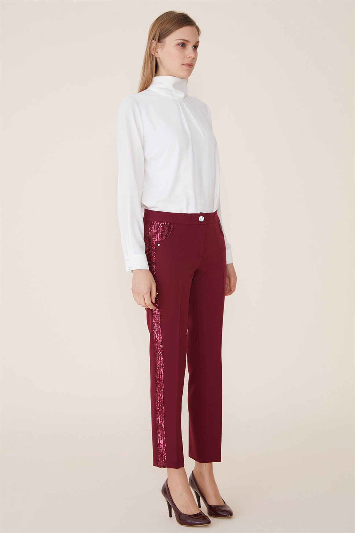 Bordo - Pul Payet Detaylı Pantolon