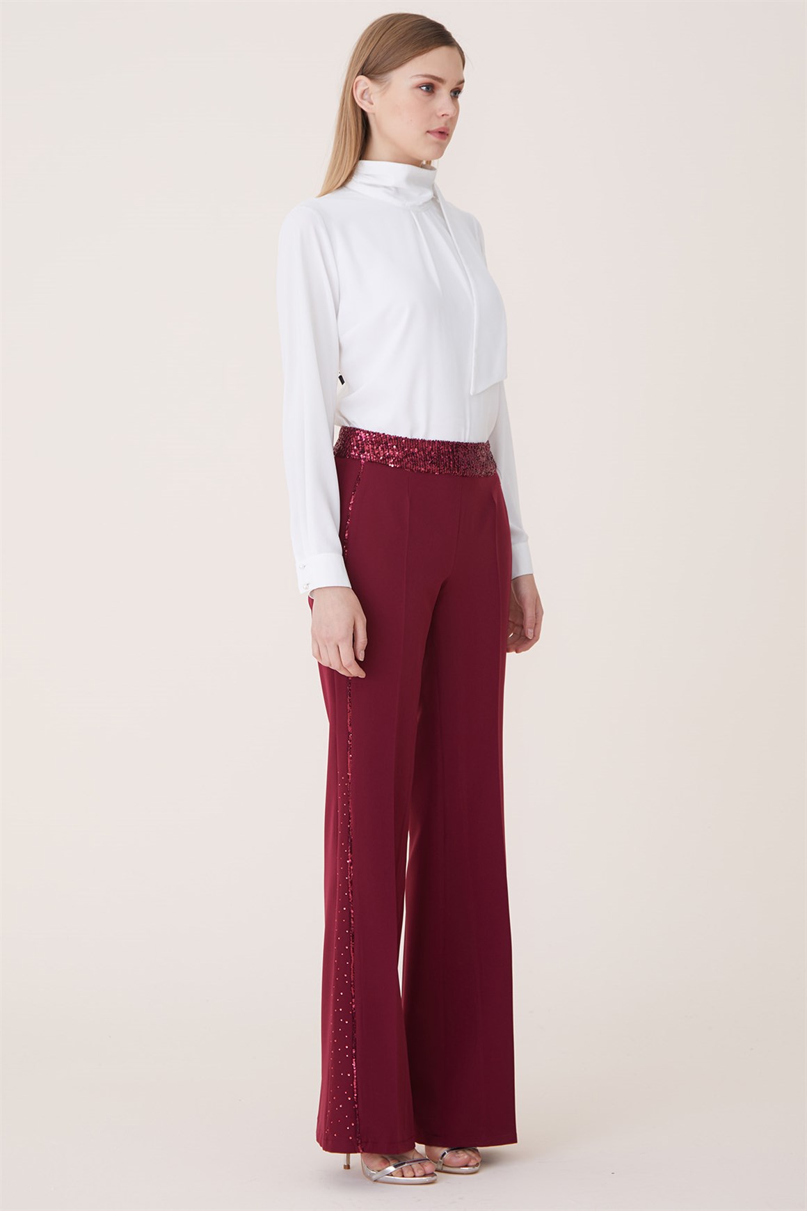 Bordo - Yanları Taşlı Pul Payet Detaylı Pantolon