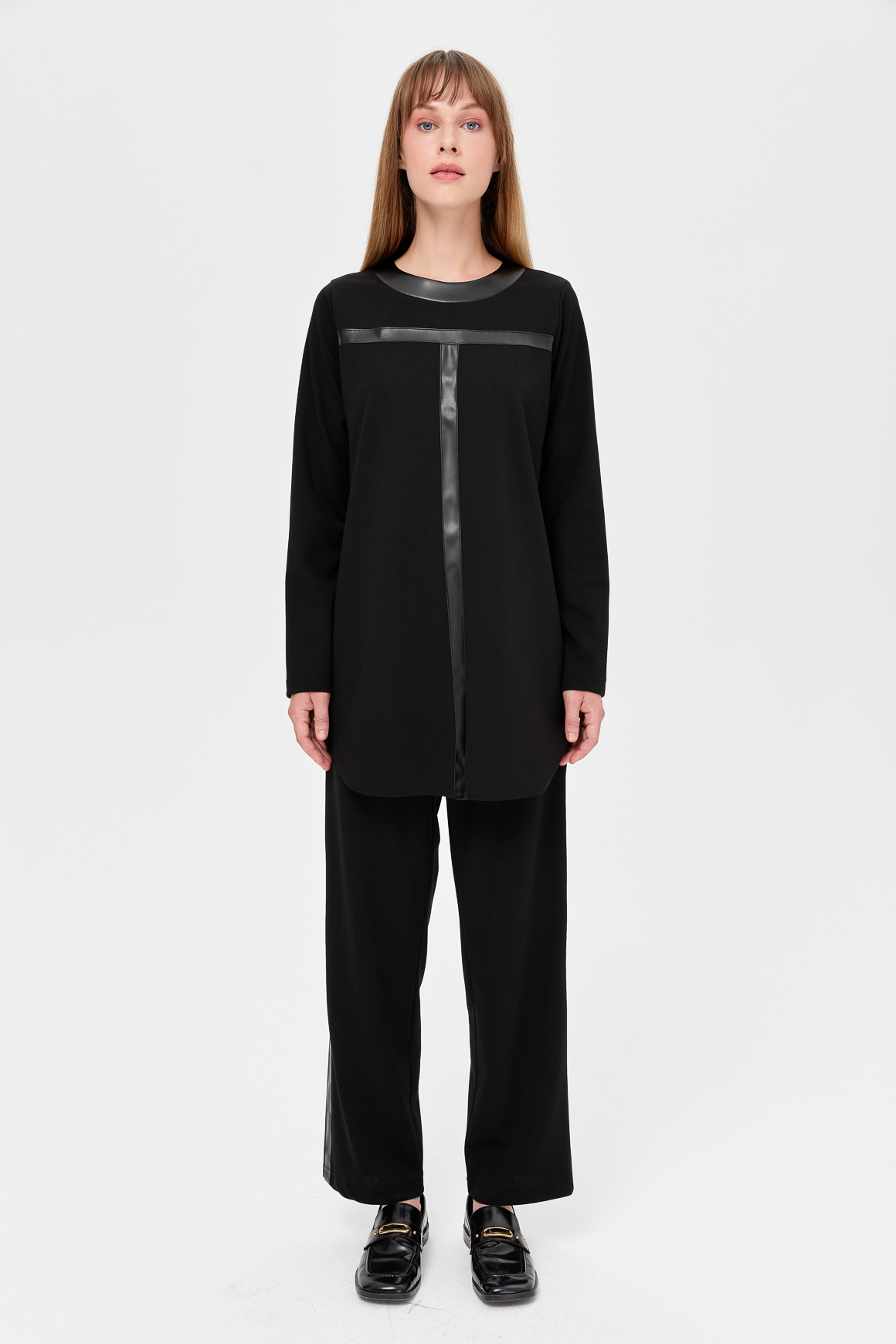 Leather Detailed Crepe Trousers Set - Black