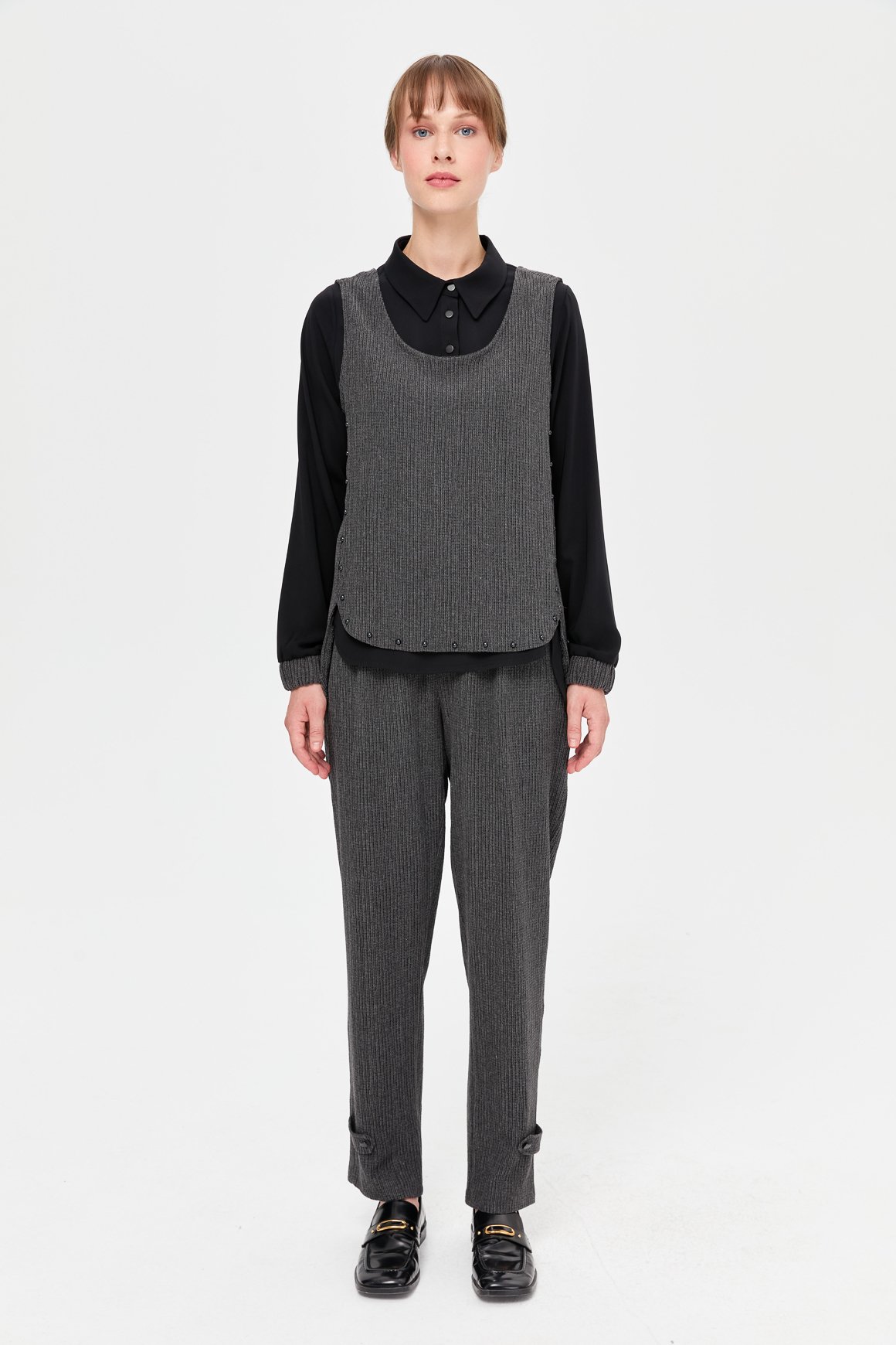 Retro Dokulu Üçlü Pantolonlu Takım  Antrasit