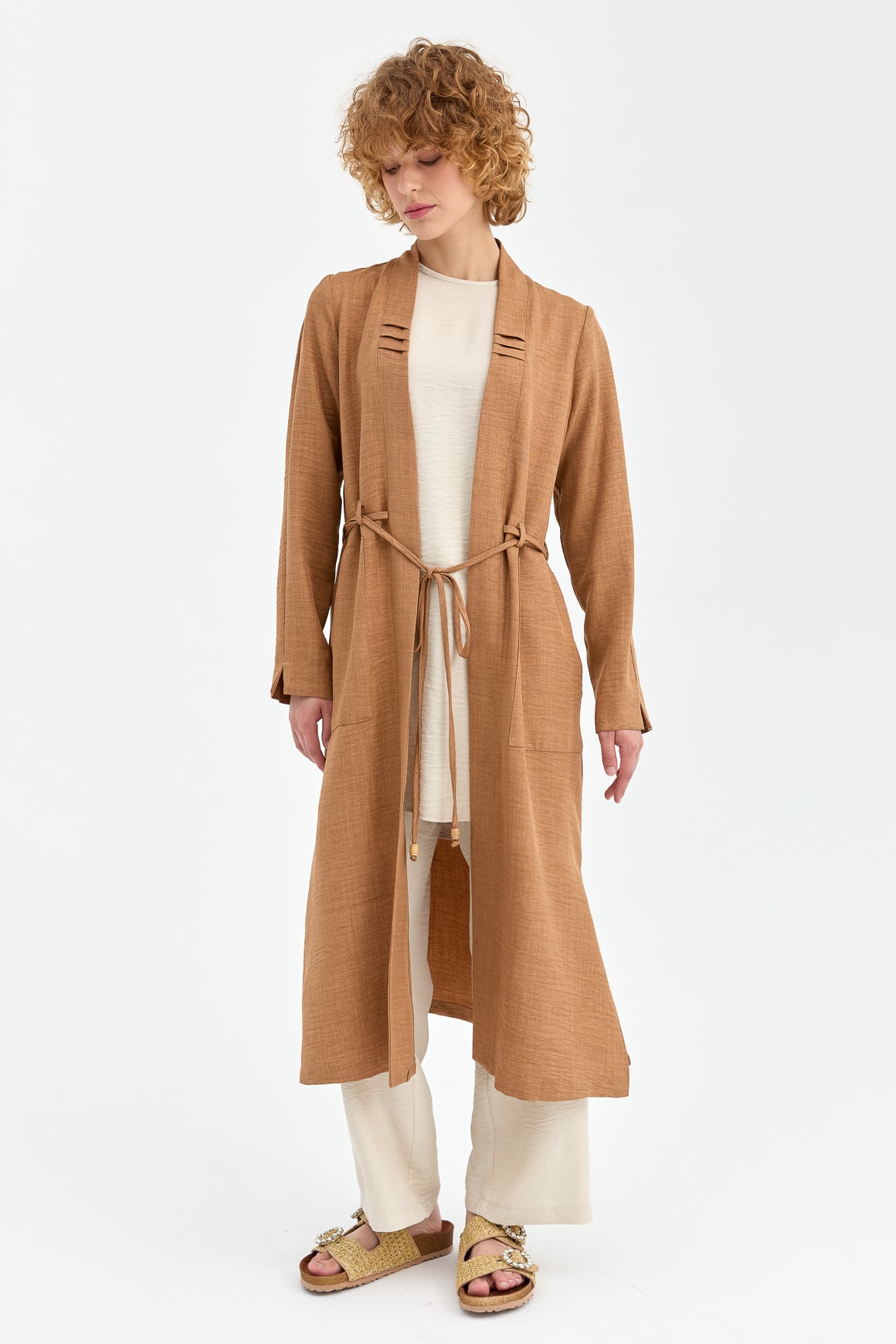 Lace Detailed Tunic Jacket Trouser Set - Camel