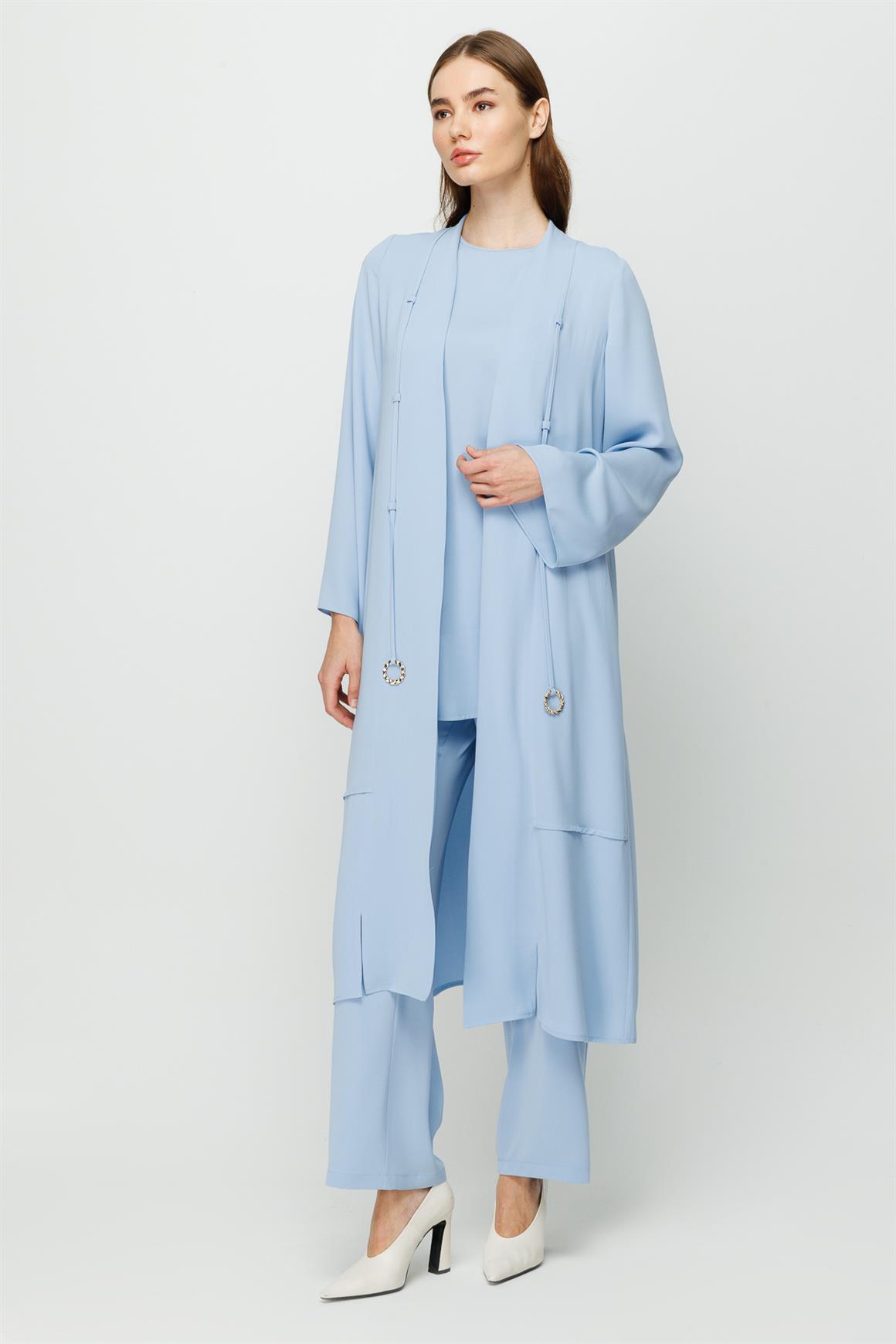 Biye Detaylı Bluz Ceket Pantolon Takım  Mavi · 3