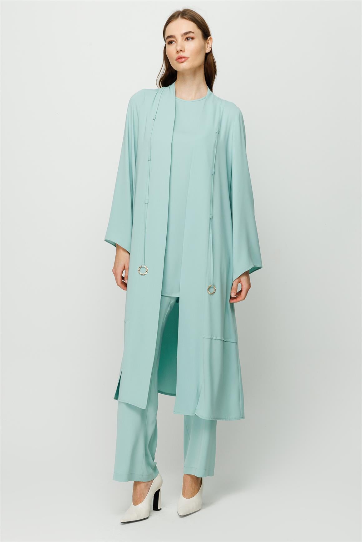 Biye Detaylı Bluz Ceket Pantolon Takım  Mint