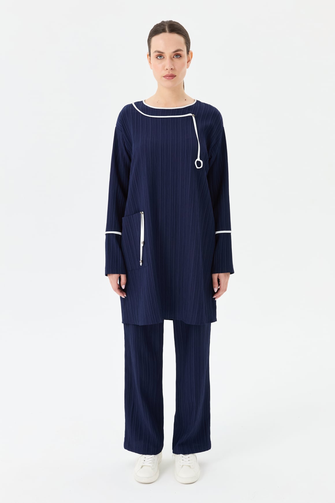 Piping Detailed Trouser Suit - Navy