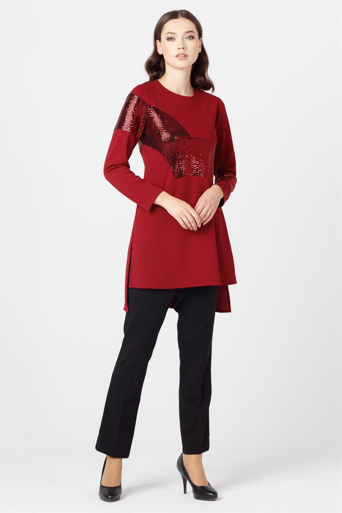 Bordo - Kolları ve Önü Pullu Tunikli Takım