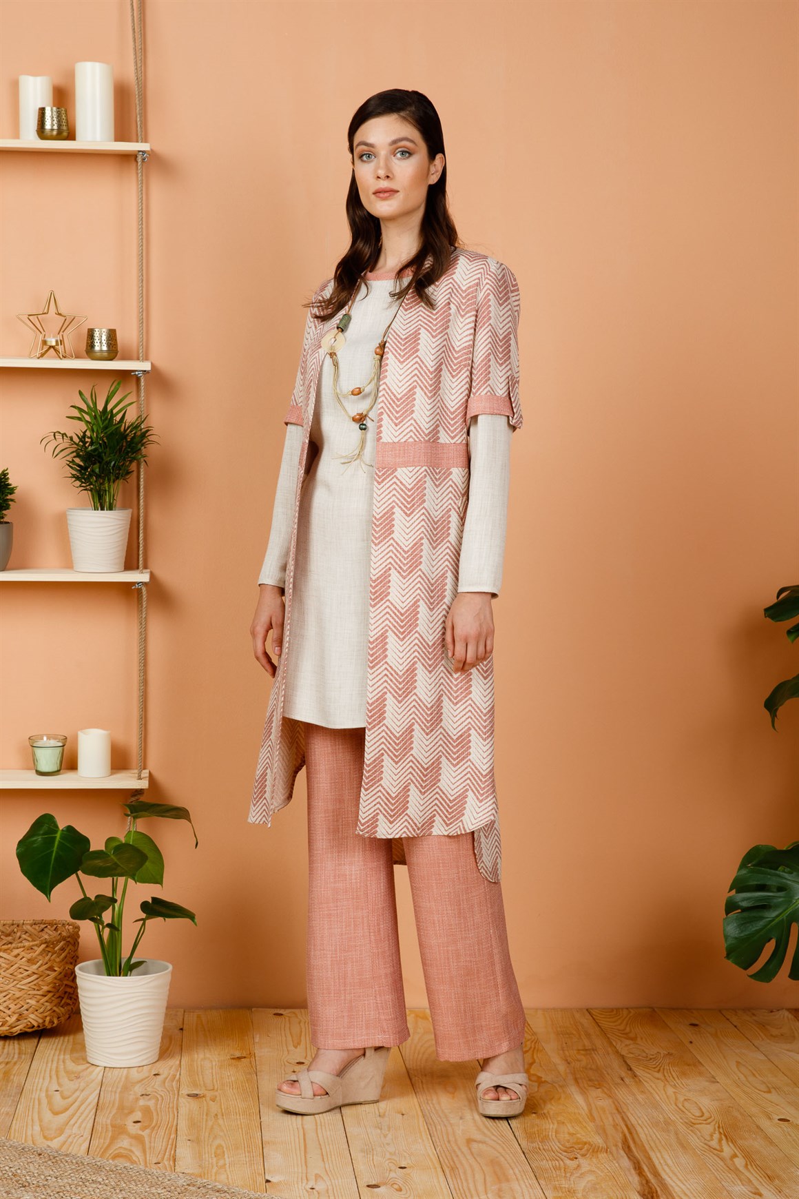 Bordo Desenli Keten Uzun Ceket Tunik Ve Pantolonlu Takım