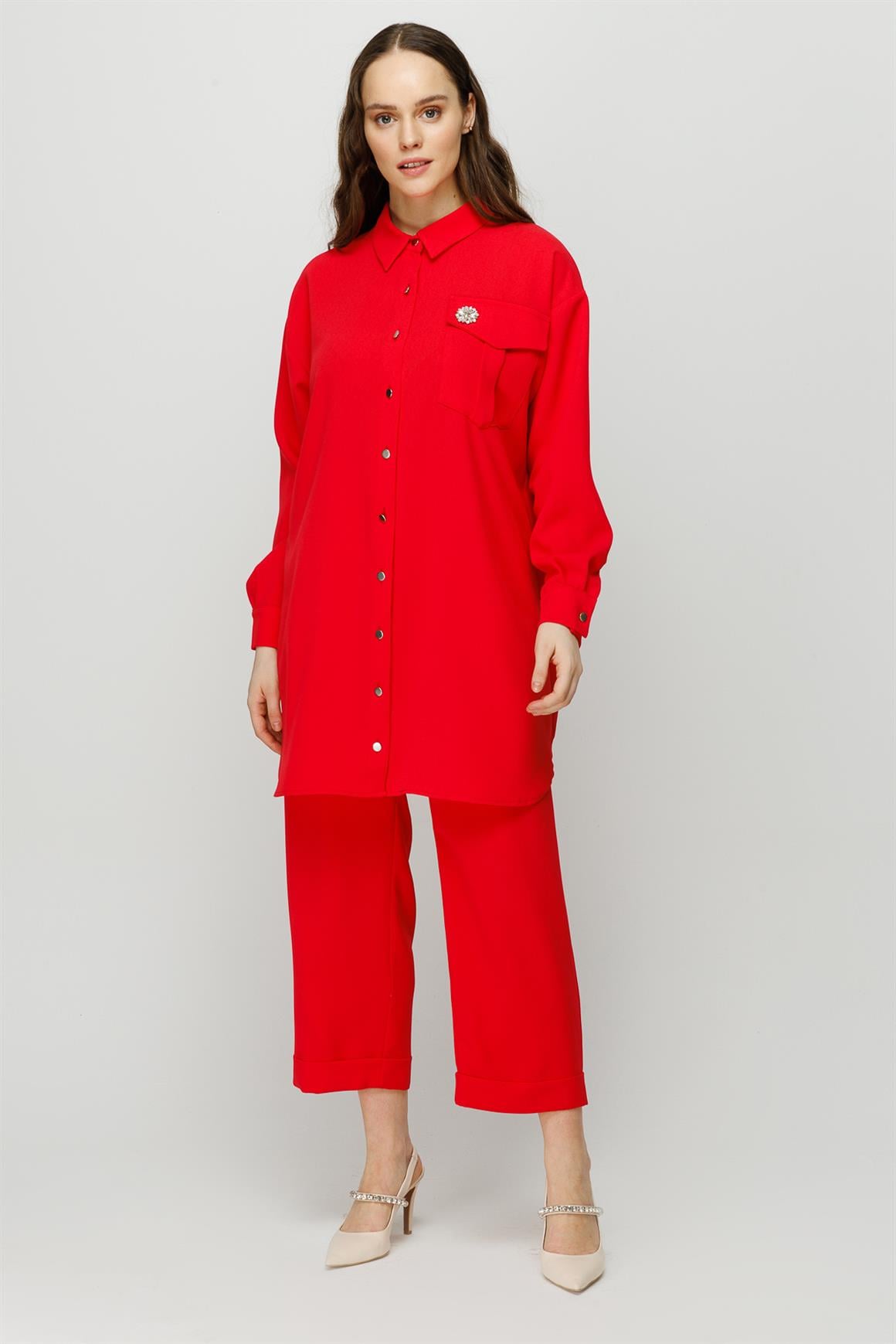 Broş Detaylı Pantolon Tunik Takım  Kırmızı
