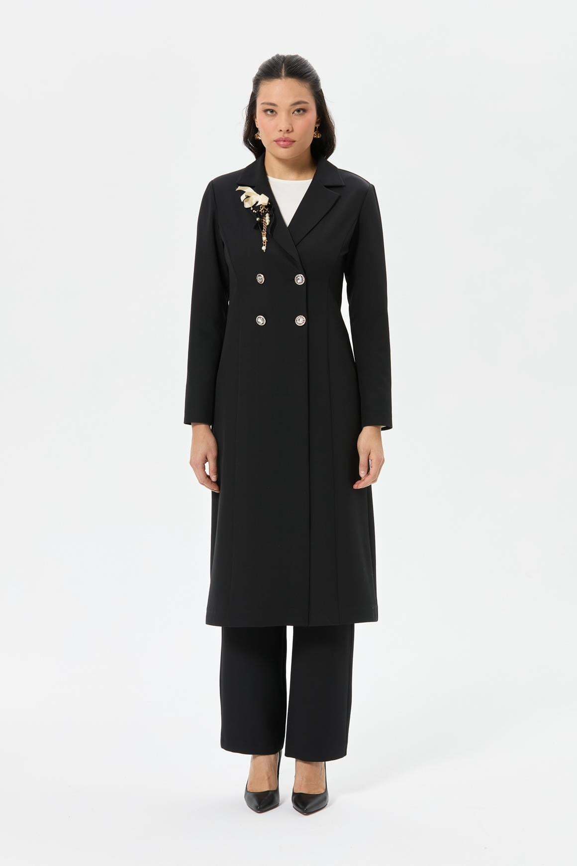 Brooch Double Breasted Long Jacket Suit - Black