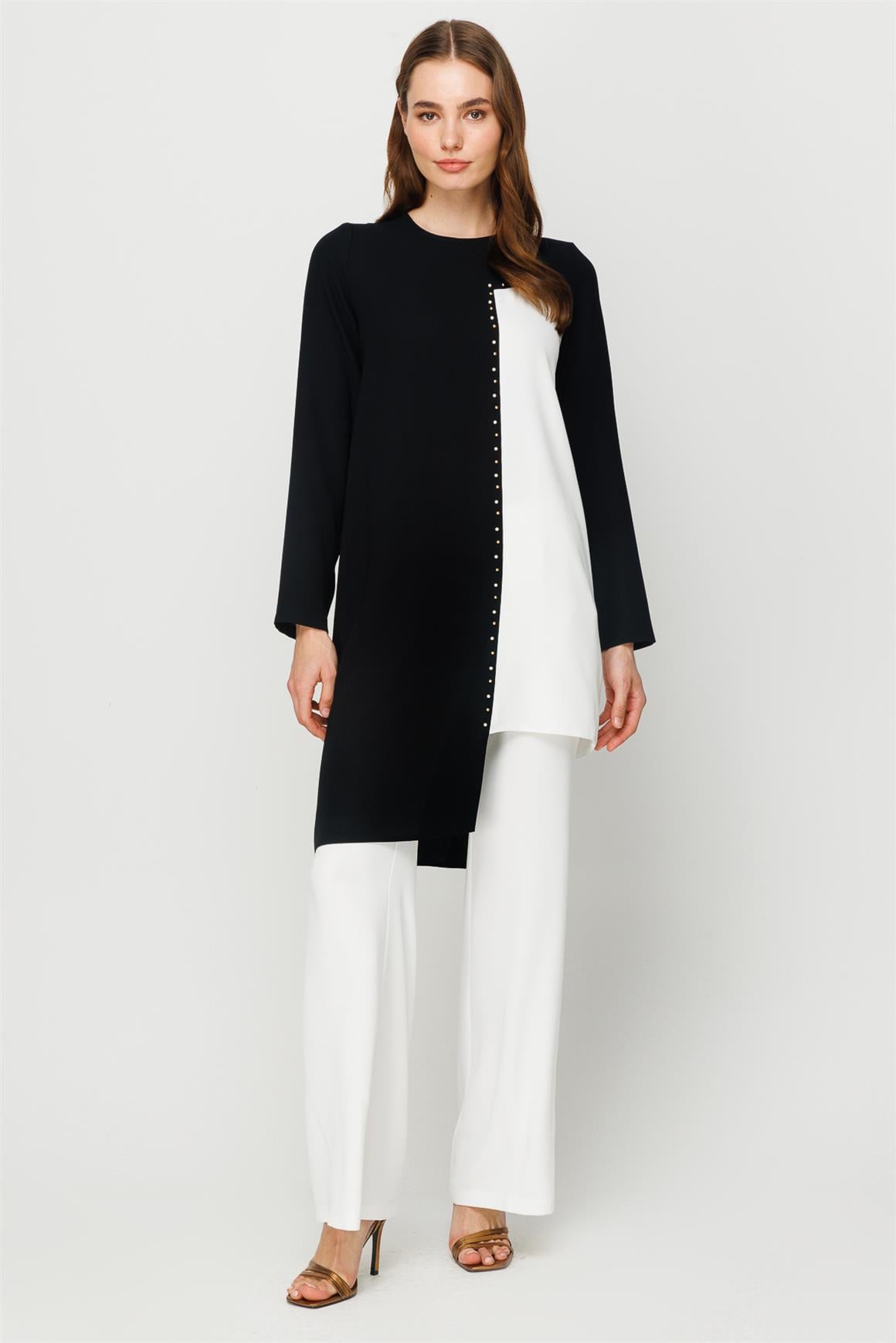 Çakma Detaylı Renk Geçişli Şık Tunik Pantolon Takım  Ekru