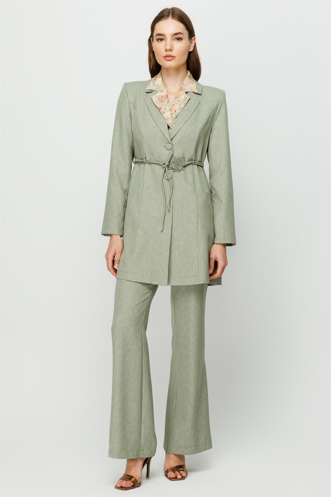 Floral Belt Detailed Trouser Jacket Set - Khaki
