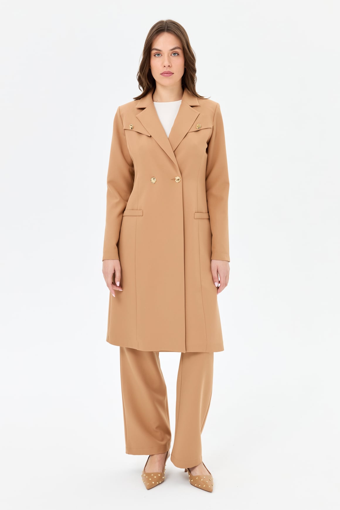 Double Aller Detailed Polyviscon Suit - Camel