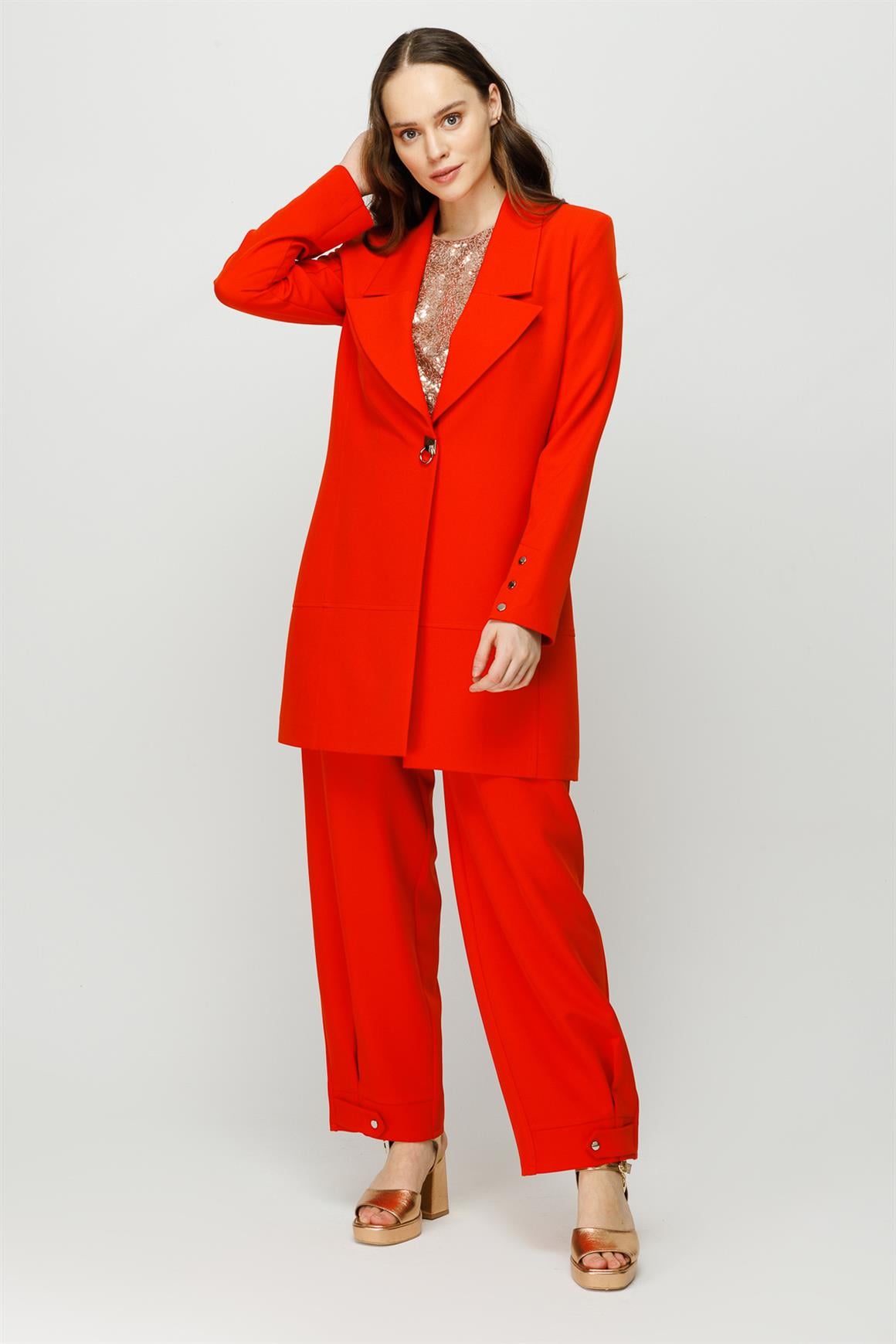 Çıt Çıt Detaylı Oversize Ceket Pantolon Takım  Oranj · 2