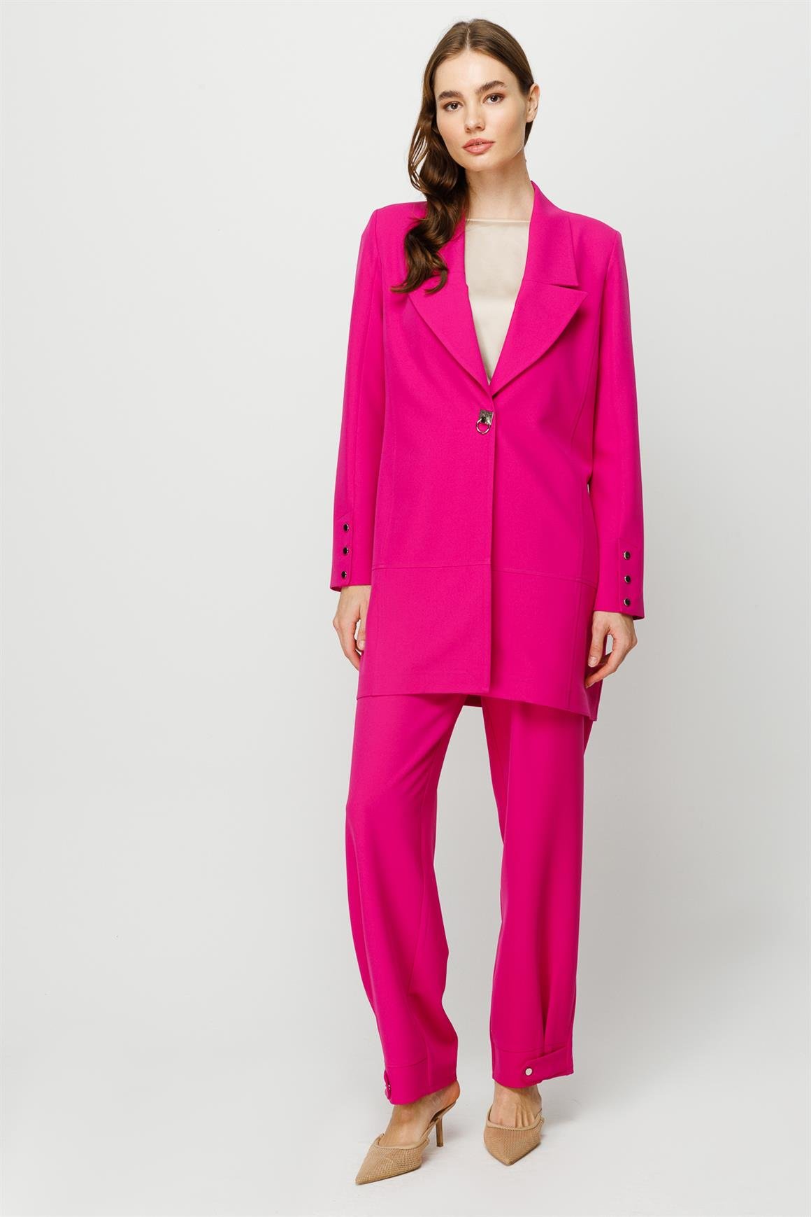 Çıt Çıt Detaylı Oversize Ceket Pantolon Takım  Fuşya