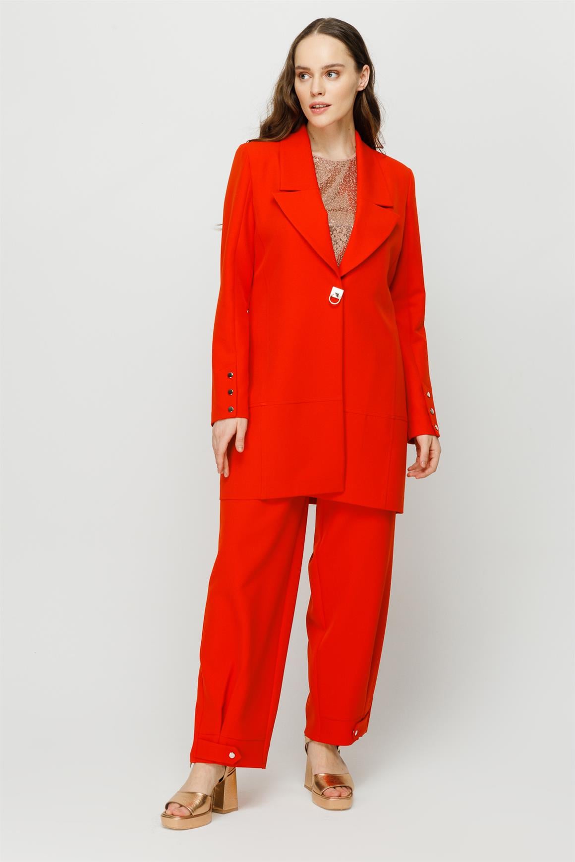 Çıt Çıt Detaylı Oversize Ceket Pantolon Takım  Oranj