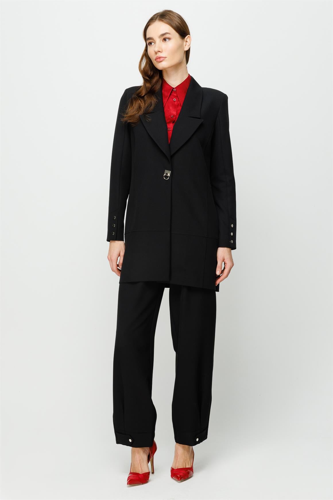 Çıt Çıt Detaylı Oversize Ceket Pantolon Takım  Siyah
