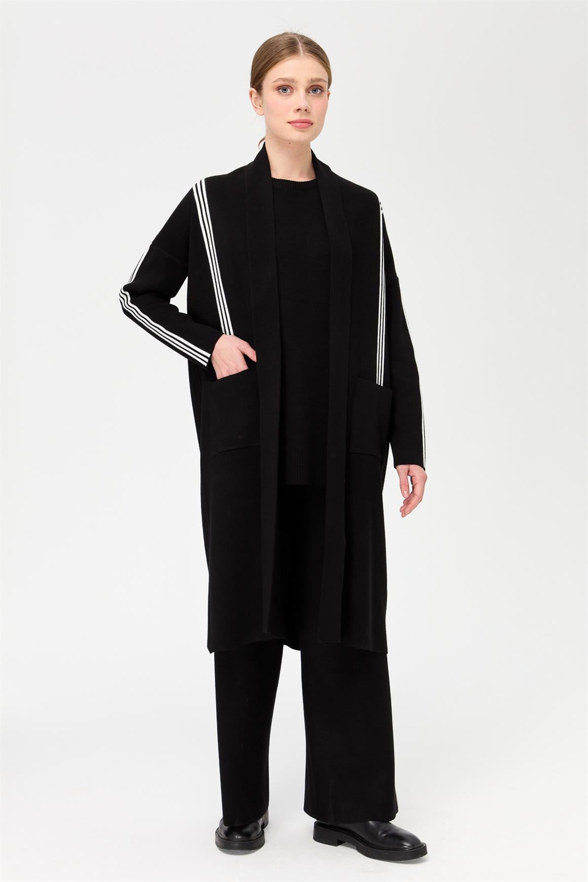 Stripe Detailed Knitwear Trousers Set - Black