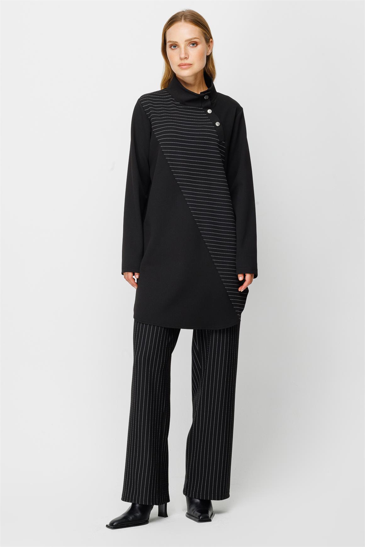 Çizgi Detaylı Tunik Pantolon Takım  Siyah