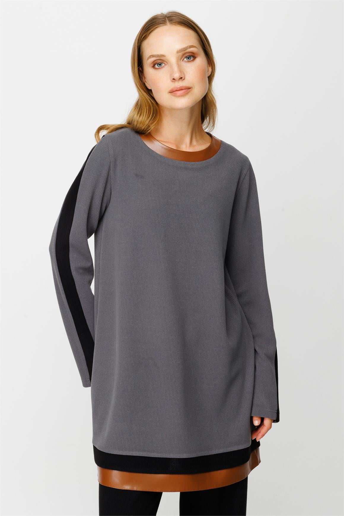 Deri Detaylı Fitilli Örme Kumaş Pantolonlu Takım  Antrasit