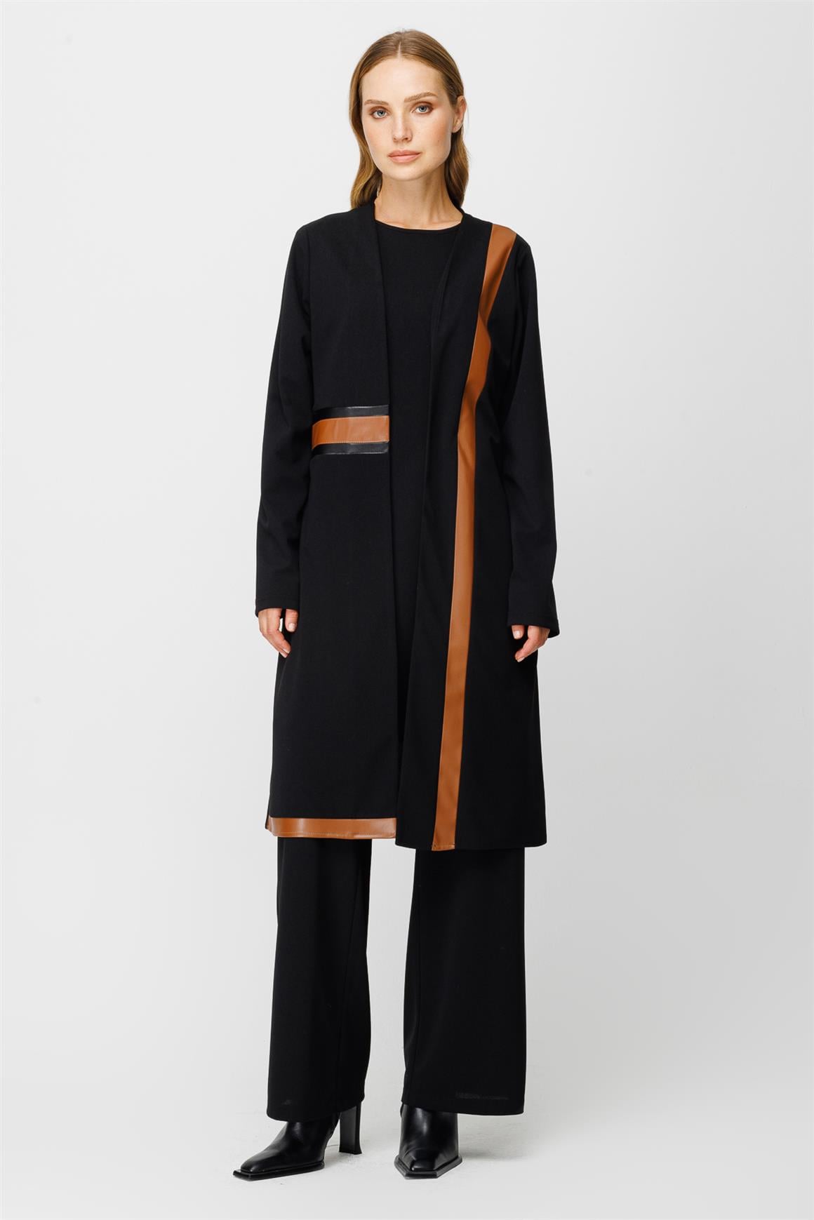 Deri Detaylı İç Dış Takım  Siyah