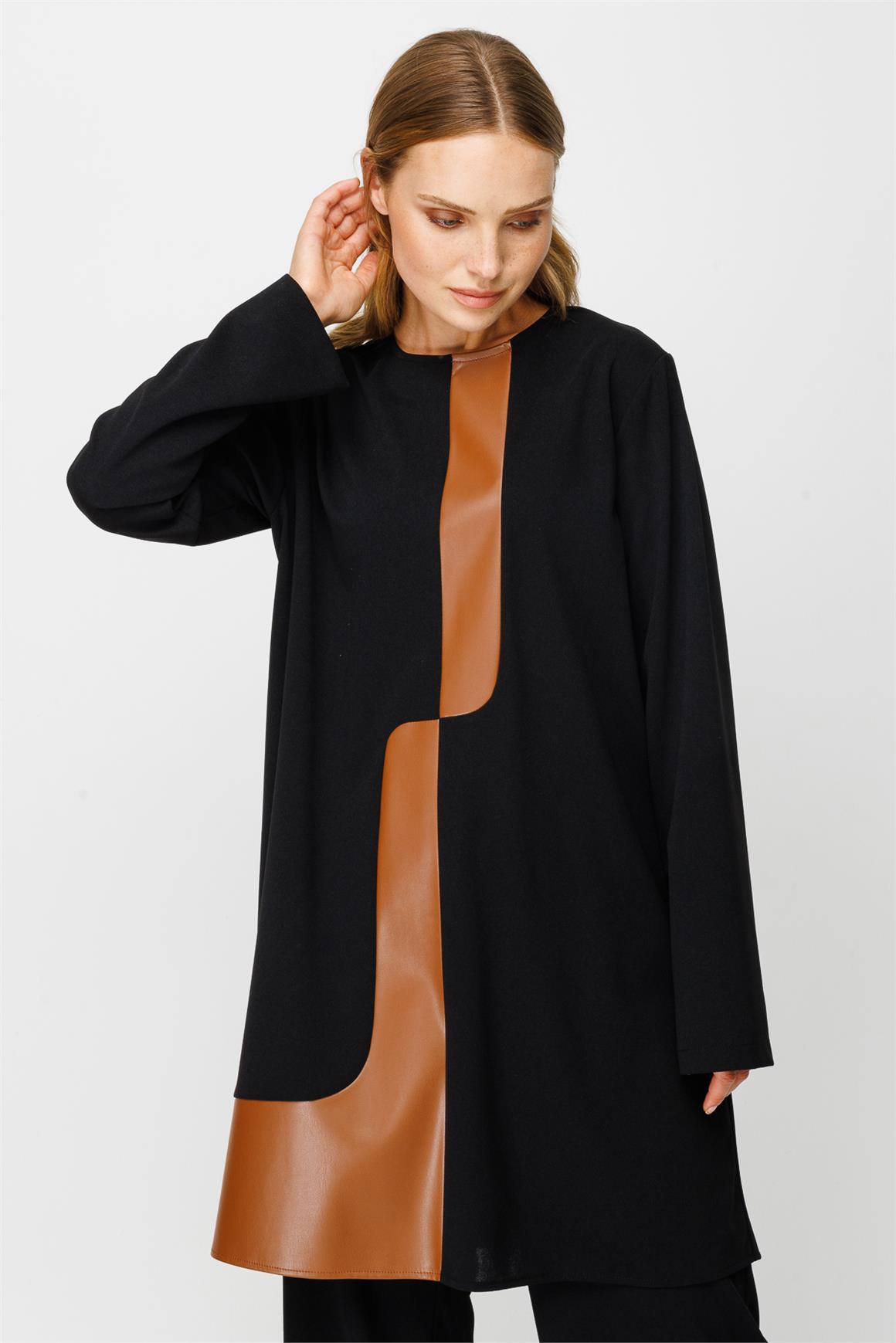 Deri Detaylı Pantolon Tunik Takım  Siyah