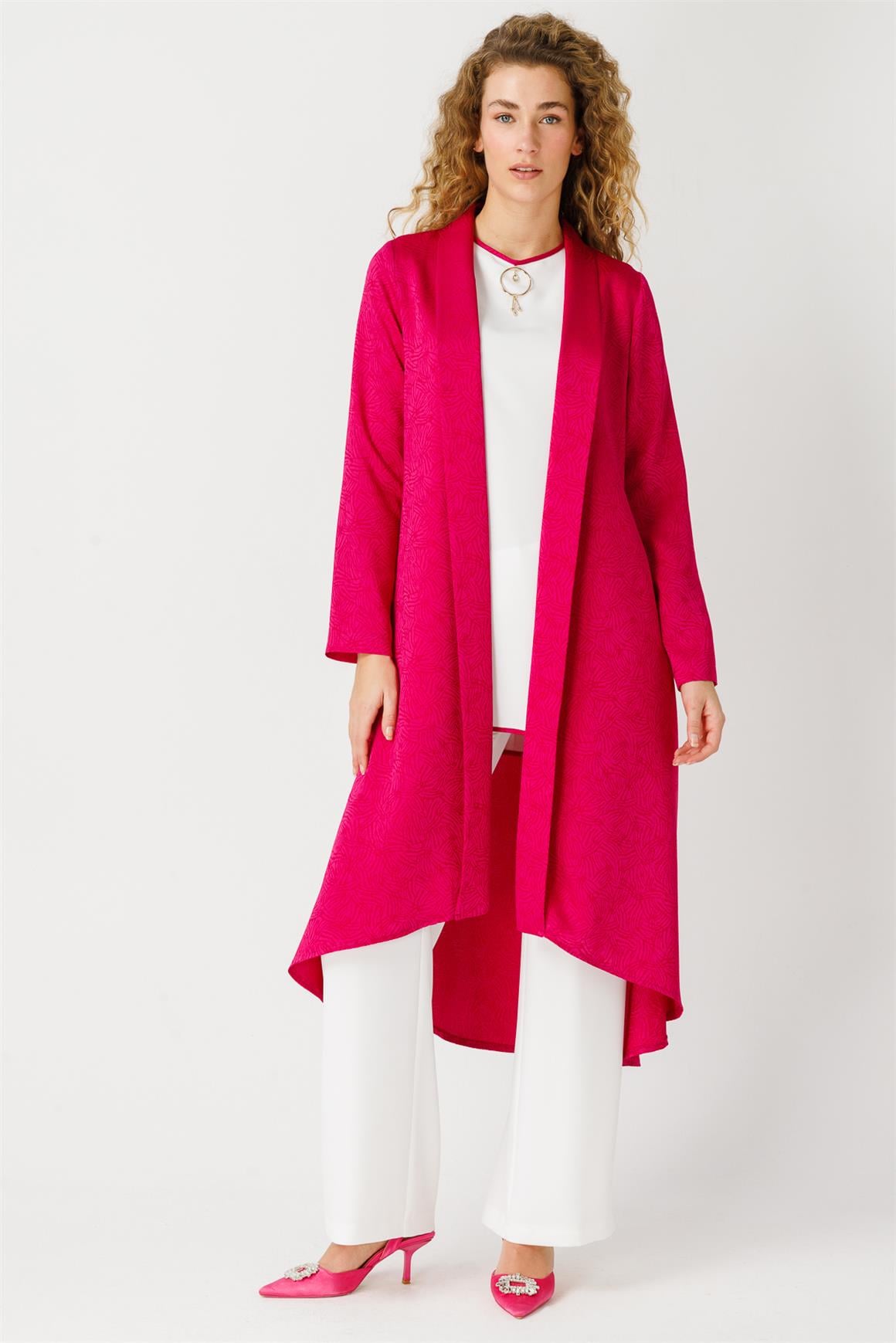 Desen Detaylı Bluz Kimono Pantolon Takım  Fuşya